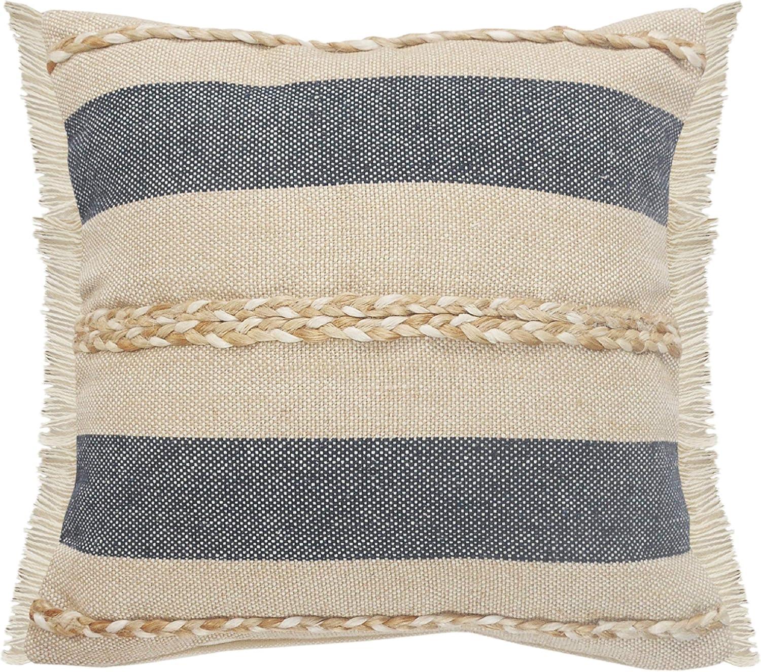 Denim and Tan Coastal Striped Jute Throw Pillow, 20" Square