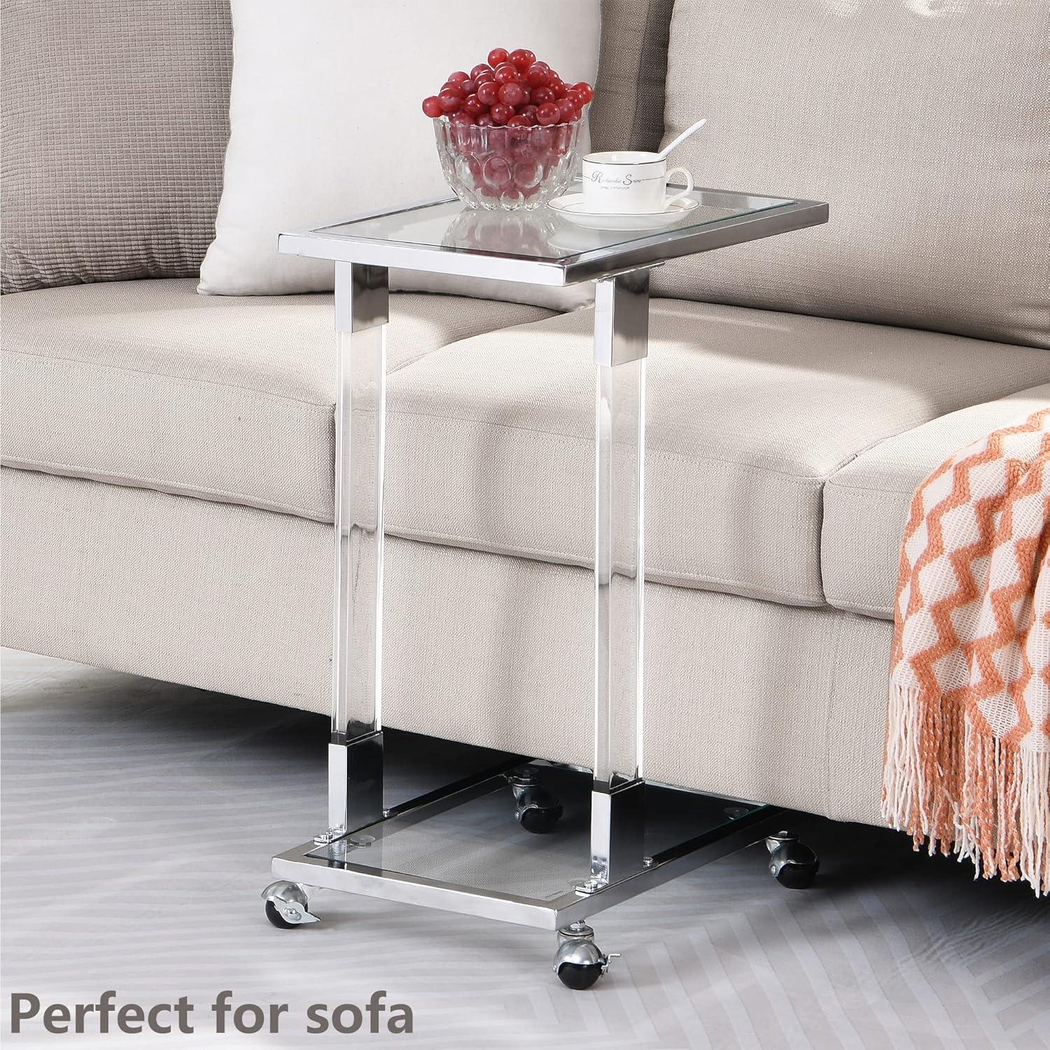 Silver Glass End Table C Shaped Chrome Side Tables with Movable Wheels Table Couch C Table Slide Under Sofa for Bedroom Living Room Furniture