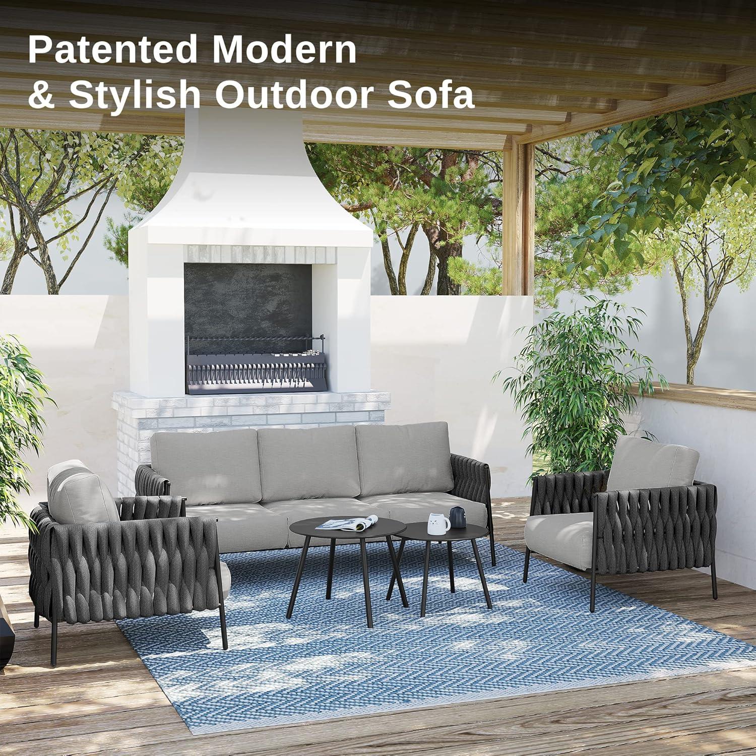 EAST OAK Patio Furniture Set 5 Pieces Sofa with Two Round Coffee Table  and Waterproof Thick Cushion Deep Seating