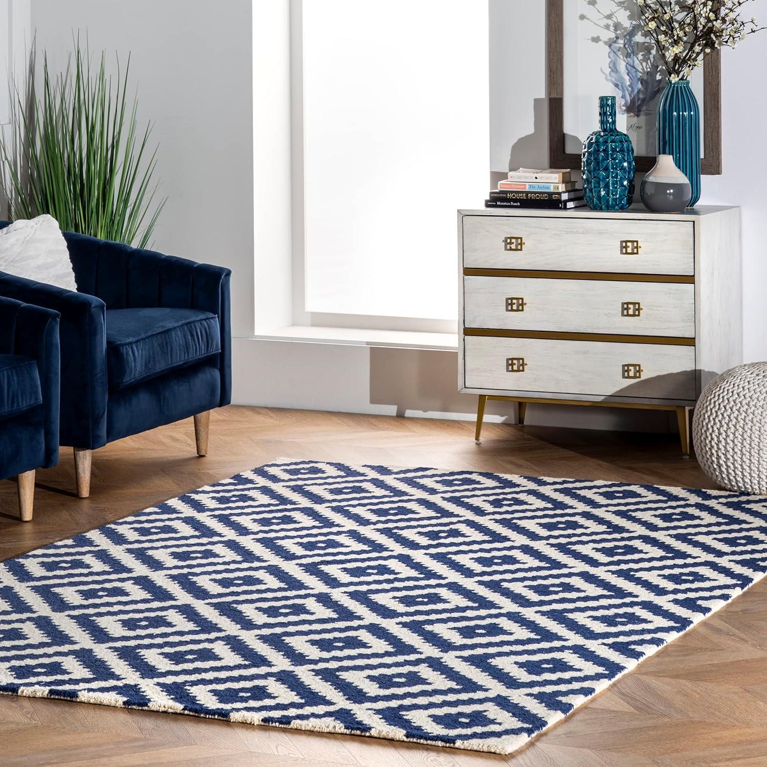 Nuloom Kellee Geometric 3x5 Wool Accent Indoor Area Rug for Living Room Bedroom Dining Room Entryway Kitchen, Navy/White