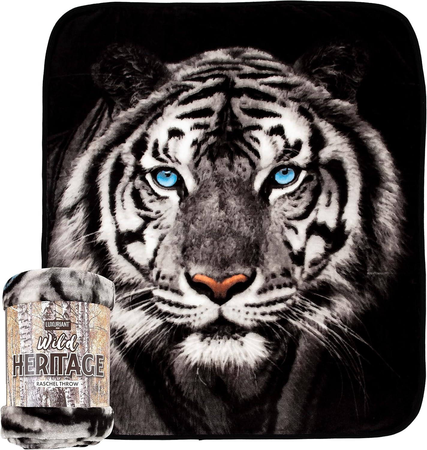 White Tiger Stare Raschel Throw Blanket, 50 x 60 inches