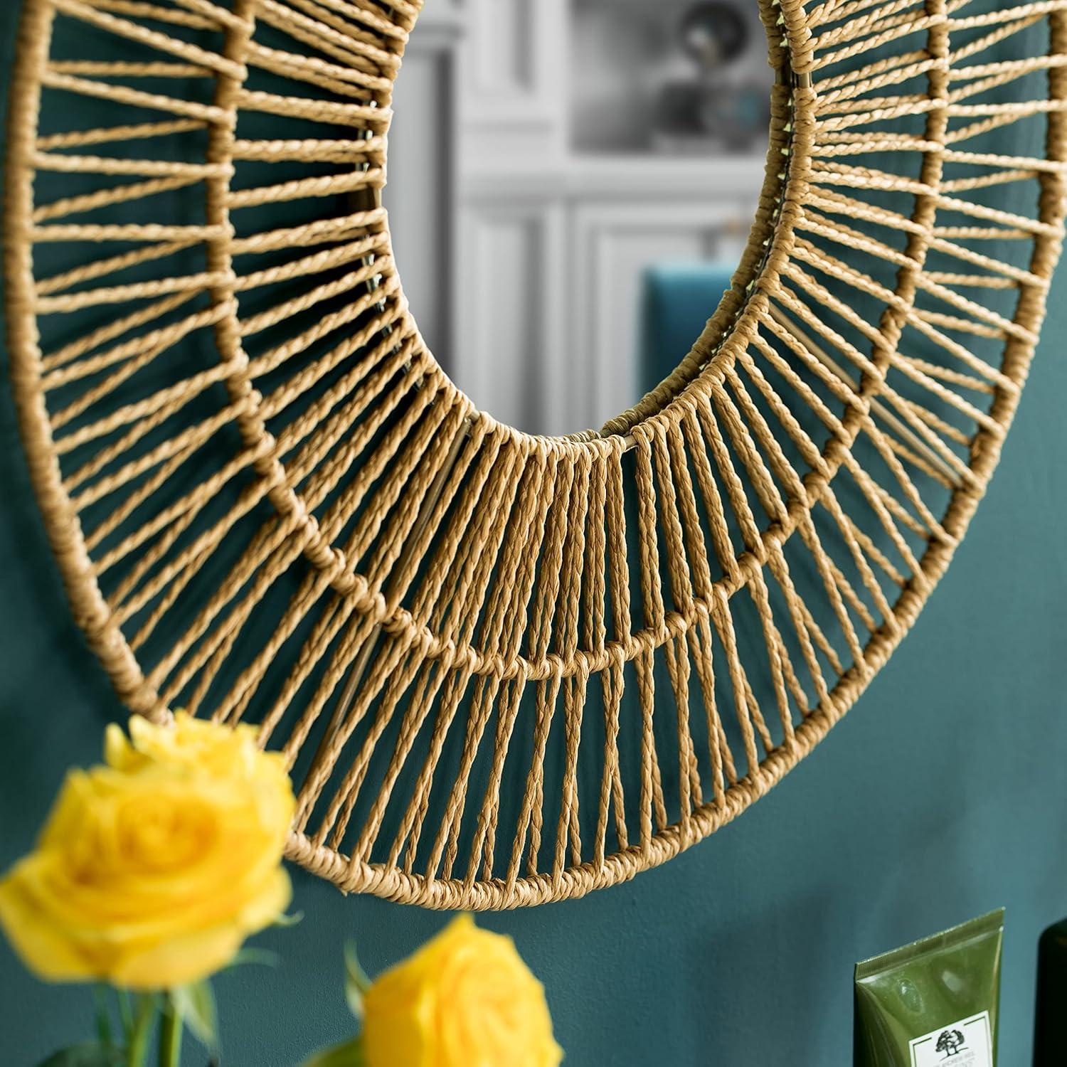 Vintiquewise Decorative Woven Paper Rope Round Shape Bamboo Wood Modern Hanging Wall Mirror