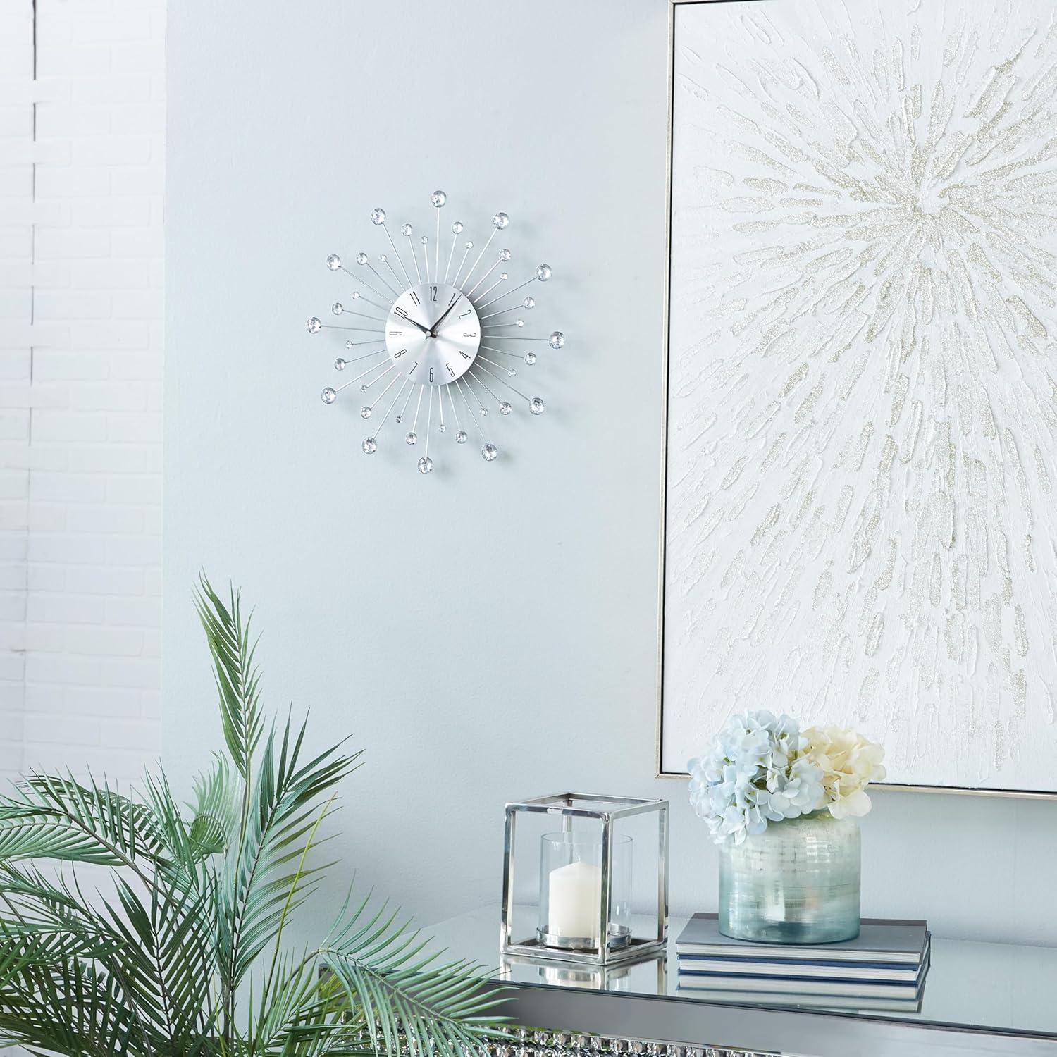 DecMode 15" Silver Metal Starburst Wall Clock with Crystal Accents