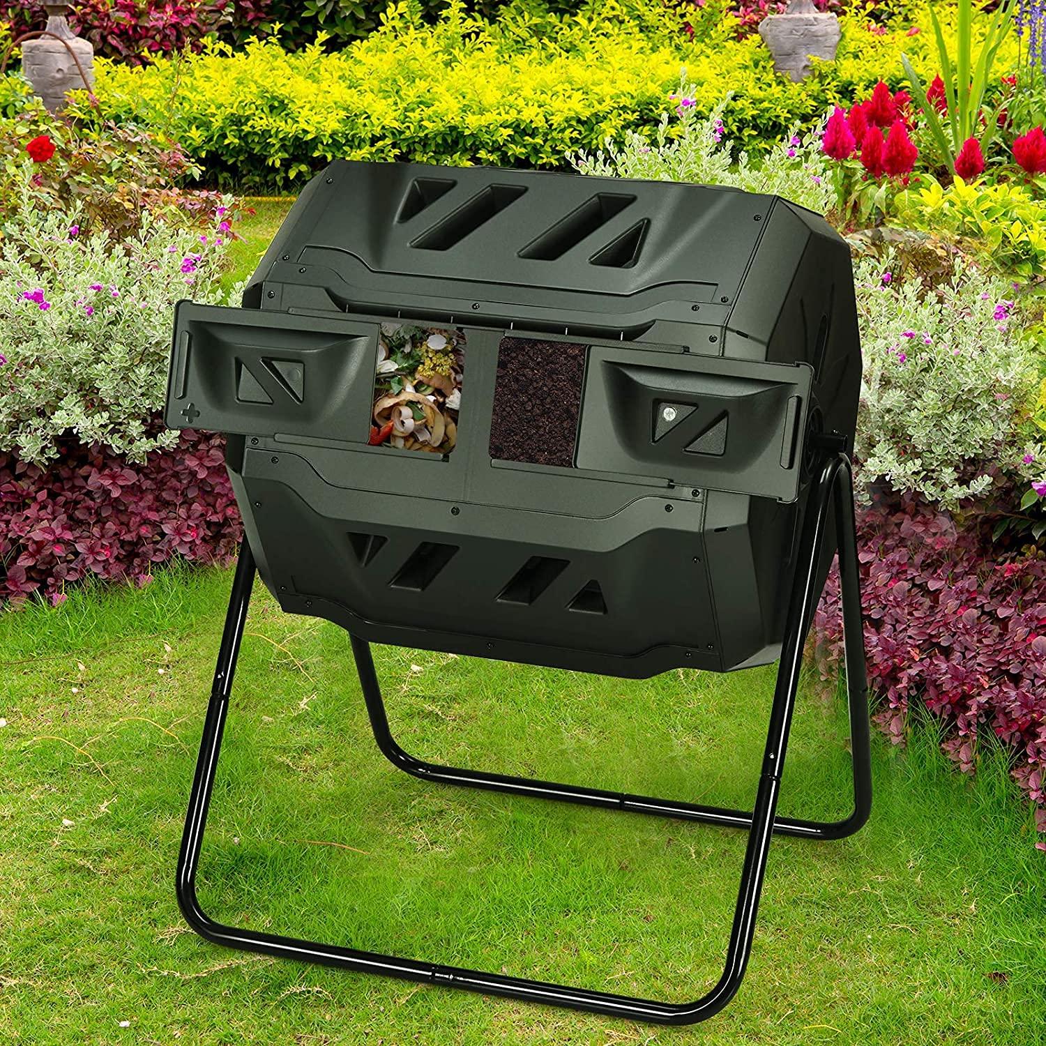 HomGarden Composting Tumbler 43gal Composter Bin W/ Dual Chamber BPA Free Black