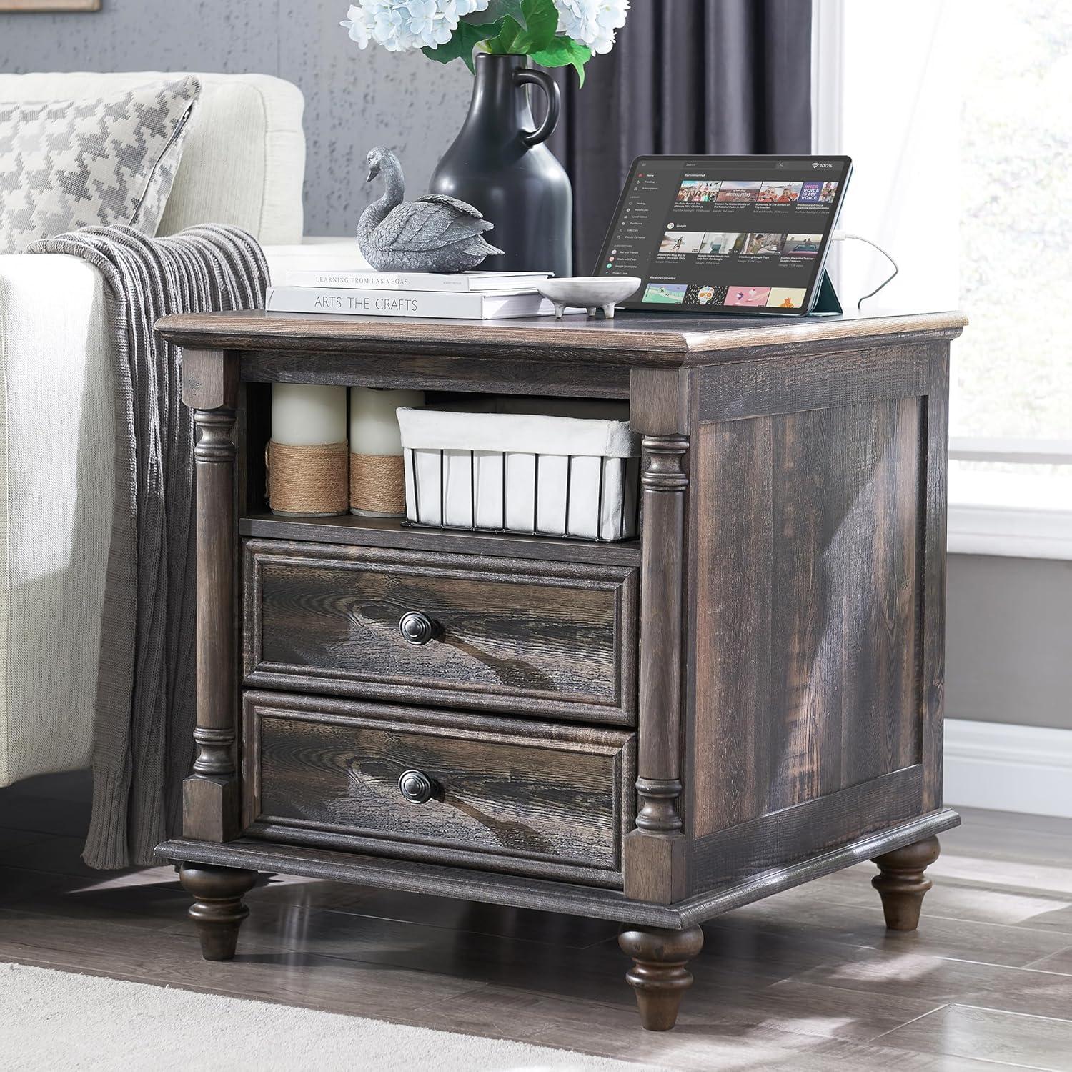 OKD Rushville Farmhouse 2 - Drawers Nightstand with Charging Station, Tall Rustic Wood Square End Table with Open Shelf