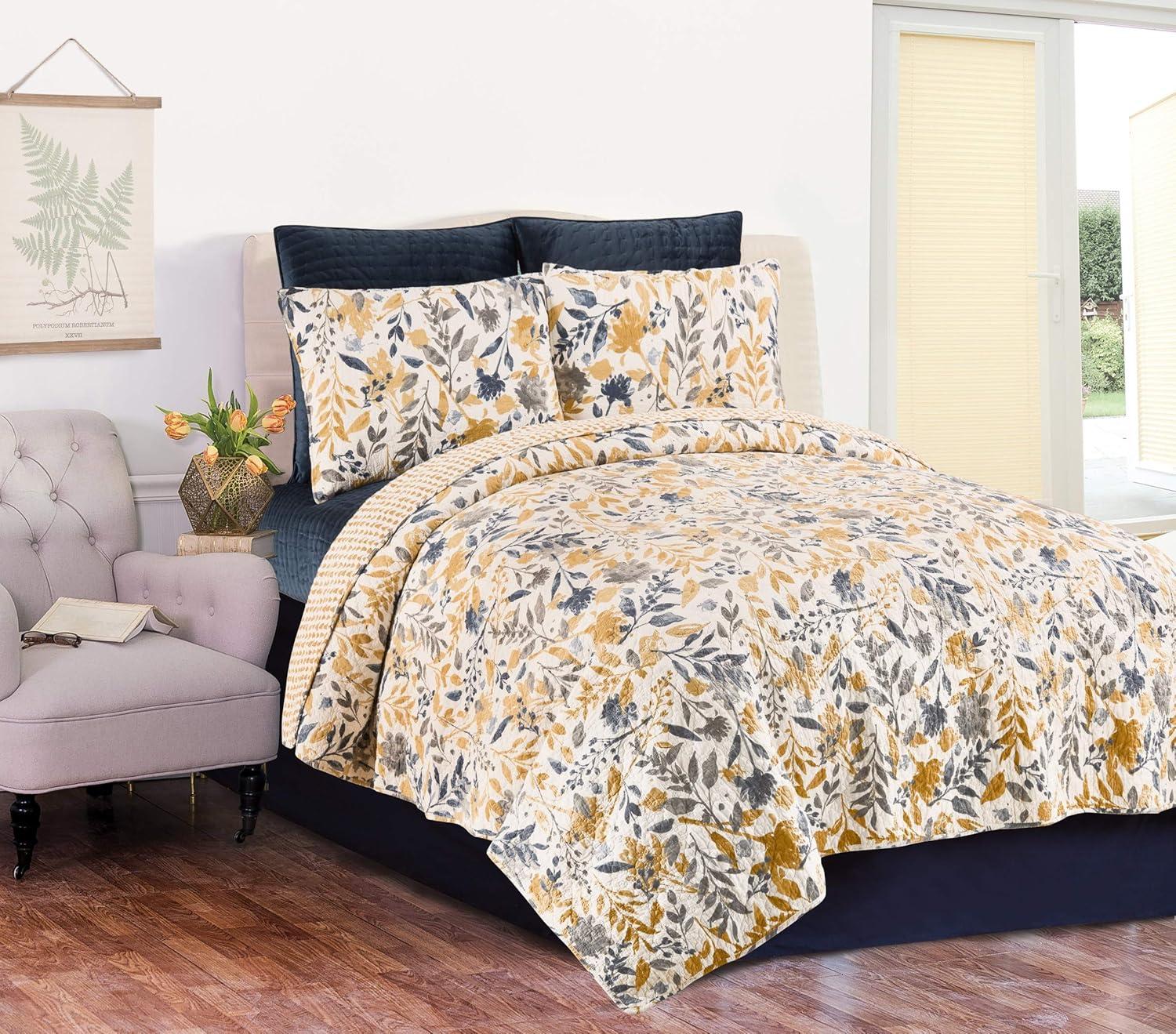 C&F Home Natural Home Blue/Yellow/Gray/White Cotton Reversible Quilt Set