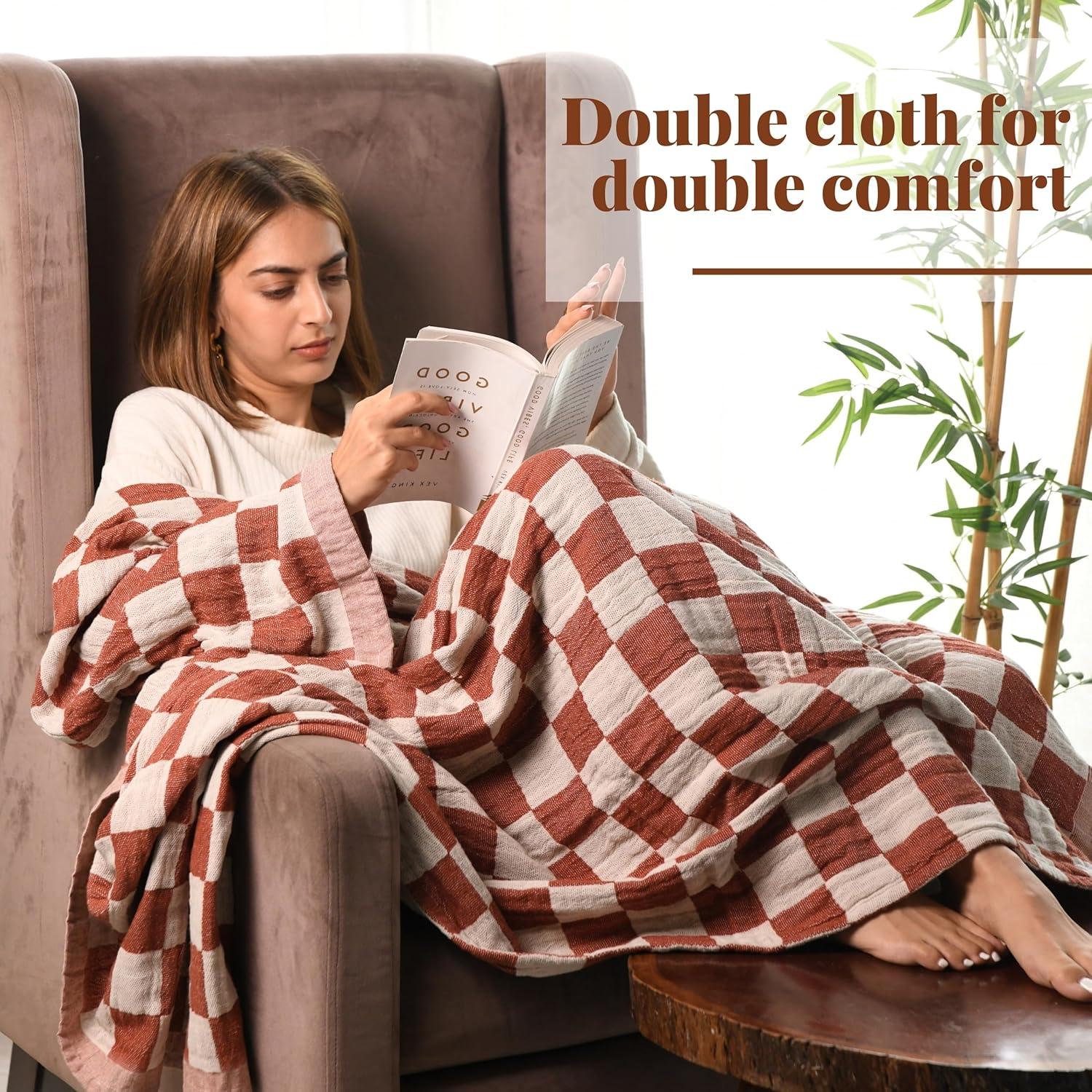 100% Cotton Throw Blanket, Rust Checks, 50x60in, Soft, Lightweight, Travel, Napping, All Seasons, Machine Wash (Rust)