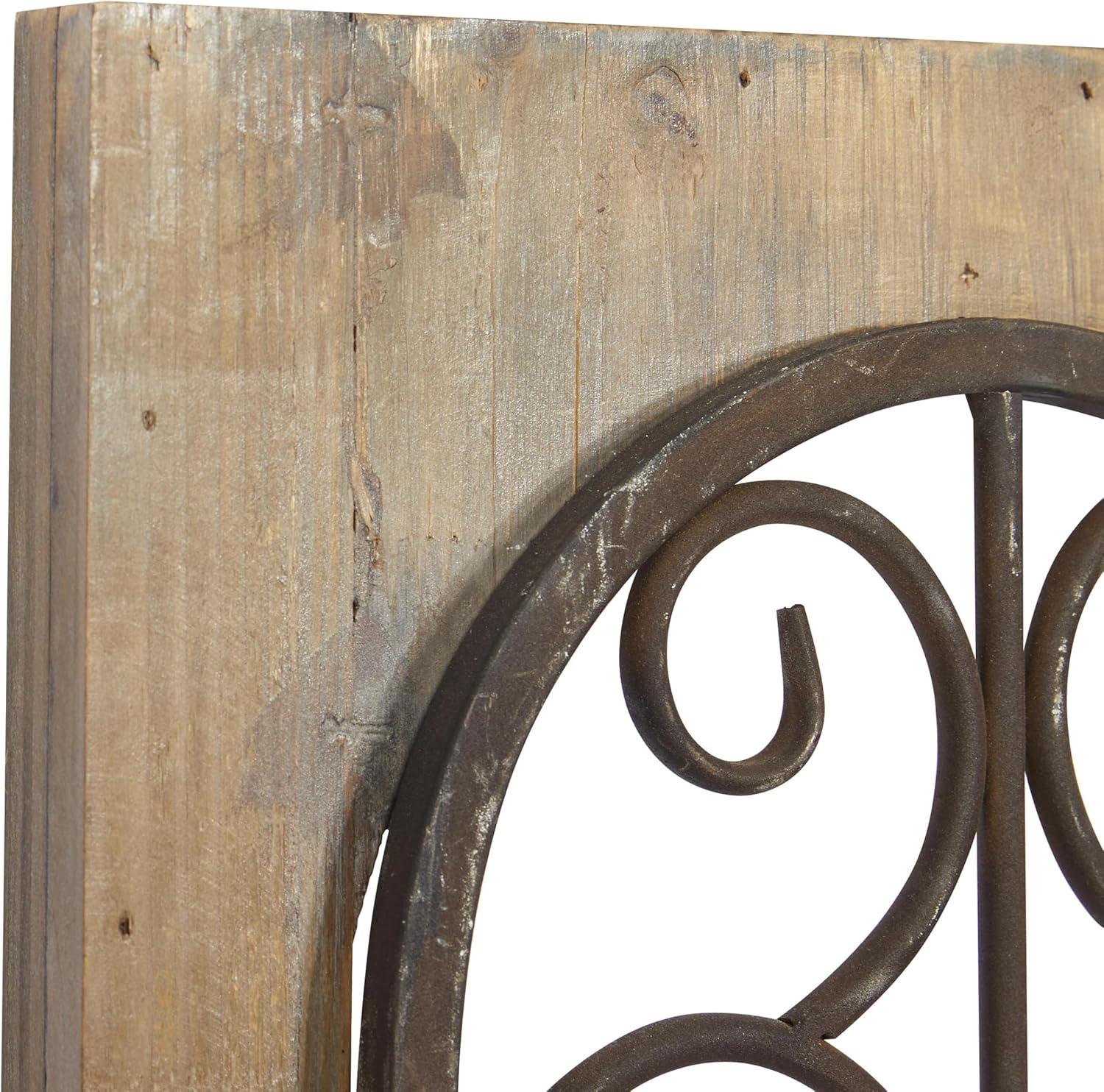 Deco 79 Wood Scroll Home Wall Decor Window Inspired Wall Sculpture with Metal Scrollwork Relief, Wall Art 11" x 2" x 23", Brown