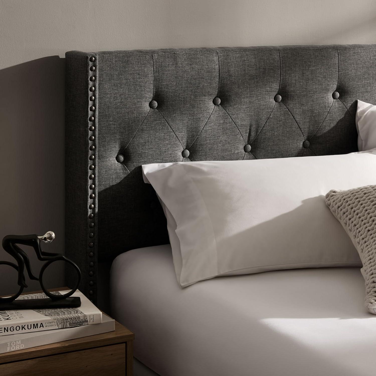 Bryt Wingback Diamond Upholstered Platform Bed, King Size Bed Frame with Headboard - Grey
