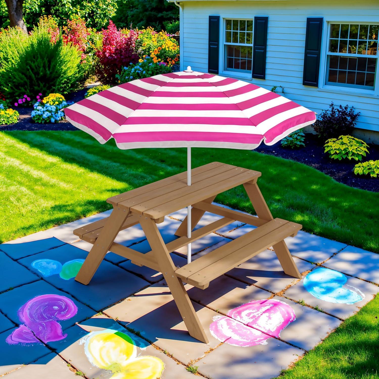 Best Choice Products Kids Wooden Picnic Table, Outdoor Activity Table w/ Adjustable Umbrella, Seats - Natural/Dark Pink