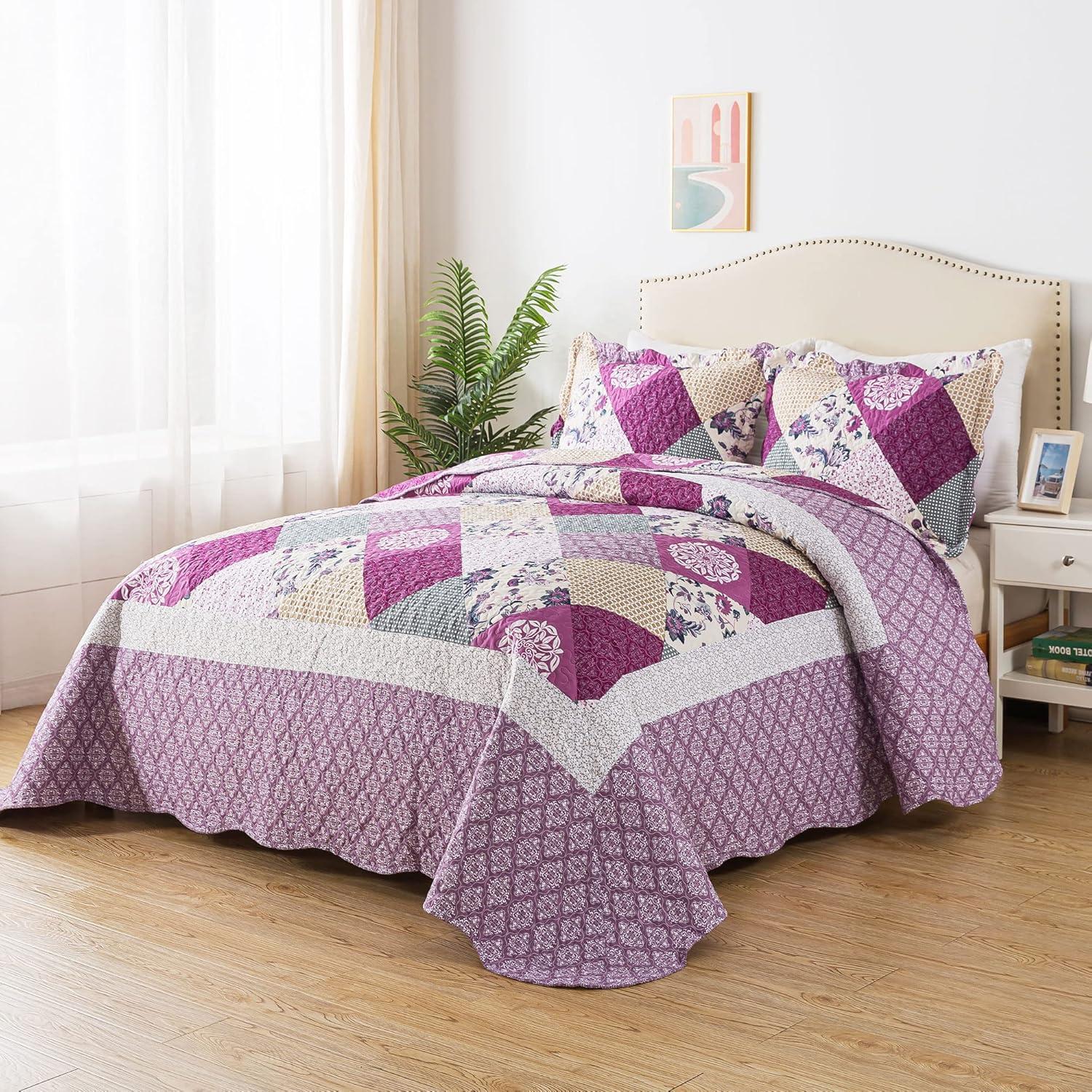 King Size Purple and Beige Microfiber Reversible Quilt Set