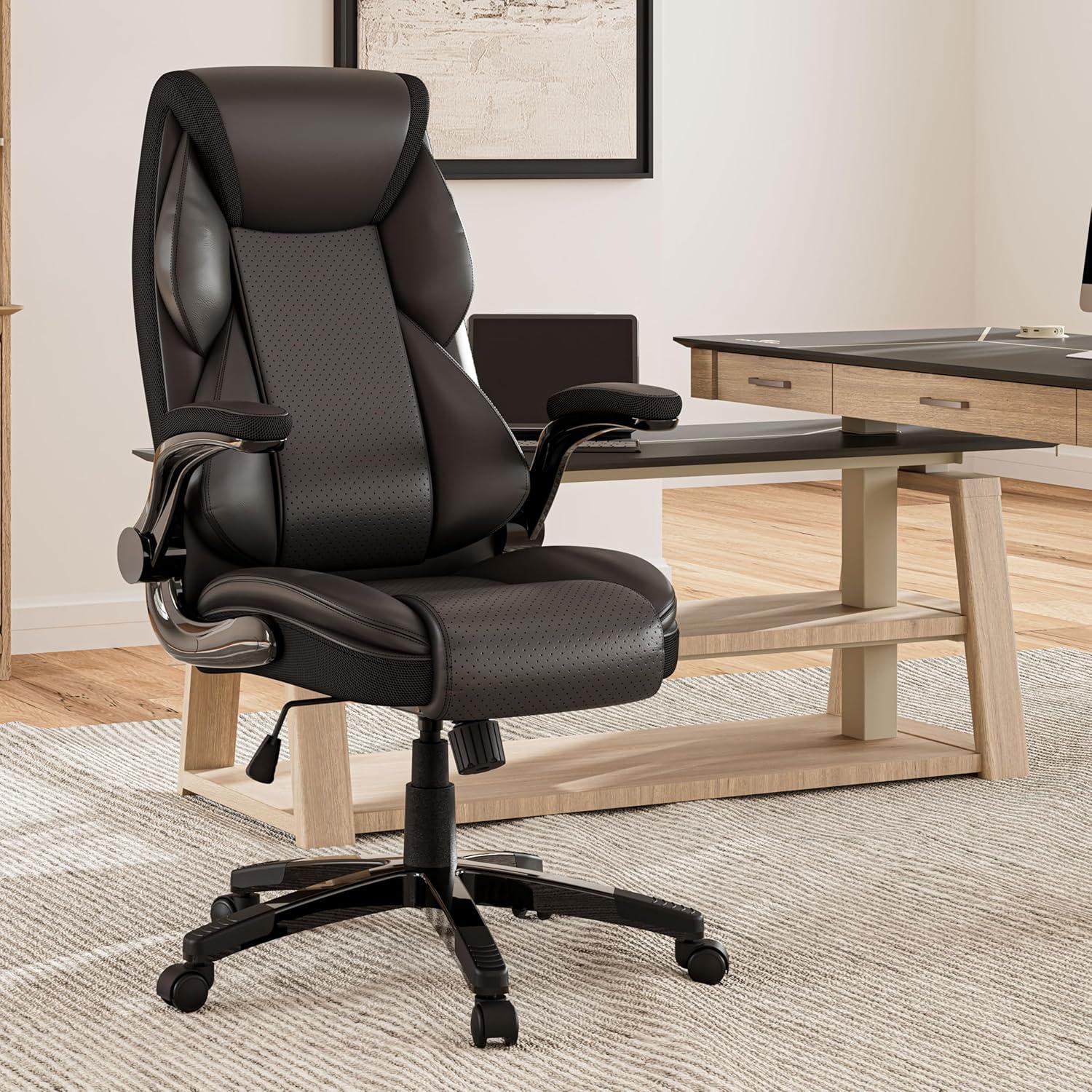 Black Faux Leather Ergonomic Executive Office Chair with Adjustable Arms