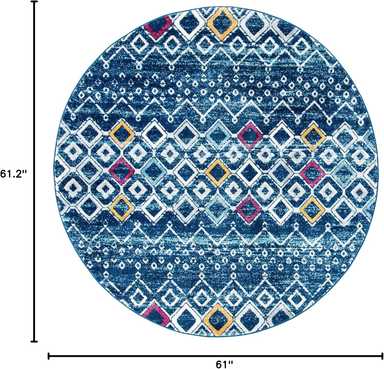 Navy and Turquoise Round Geometric Synthetic Area Rug