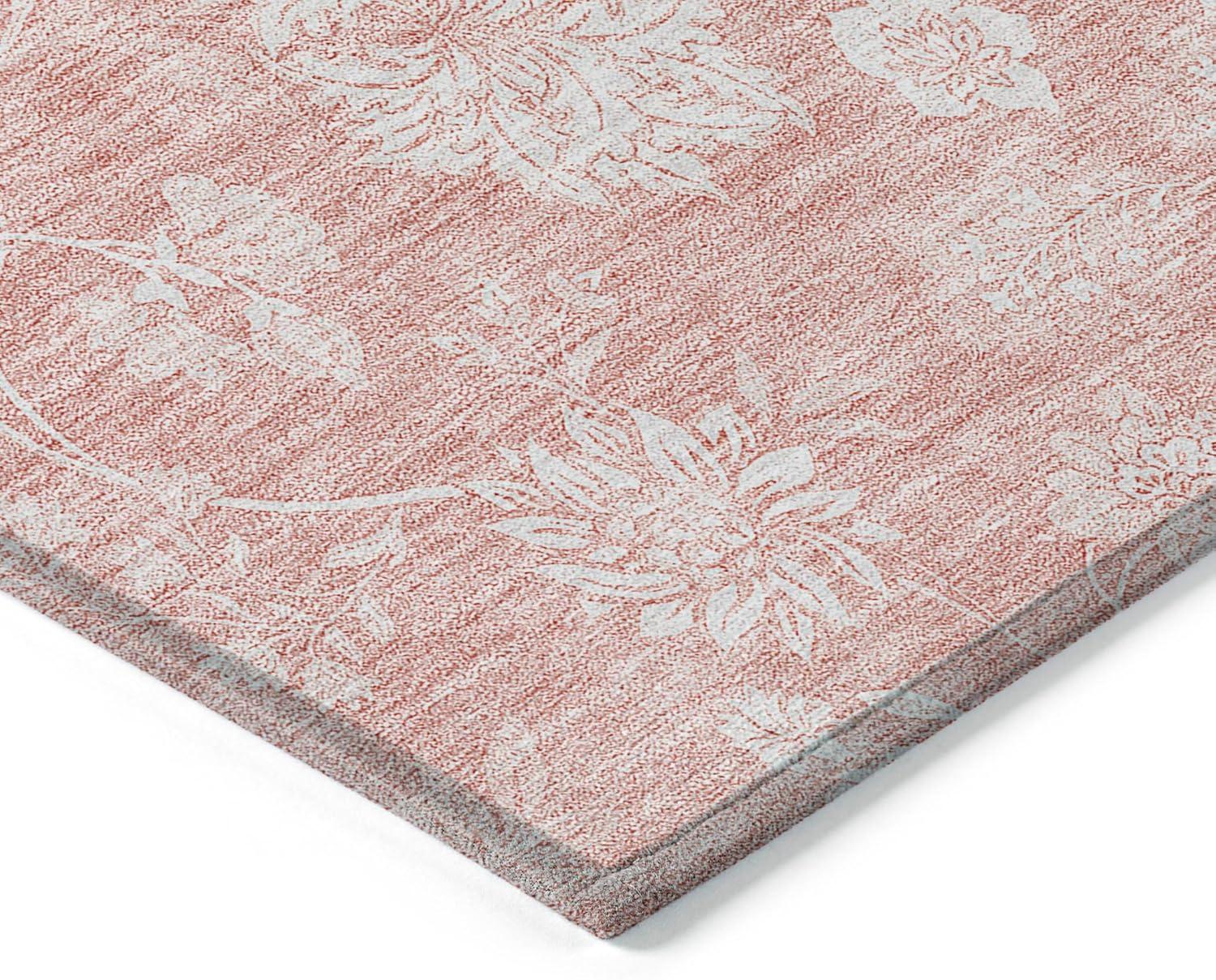 Pink Floral Rectangular Washable Synthetic Area Rug