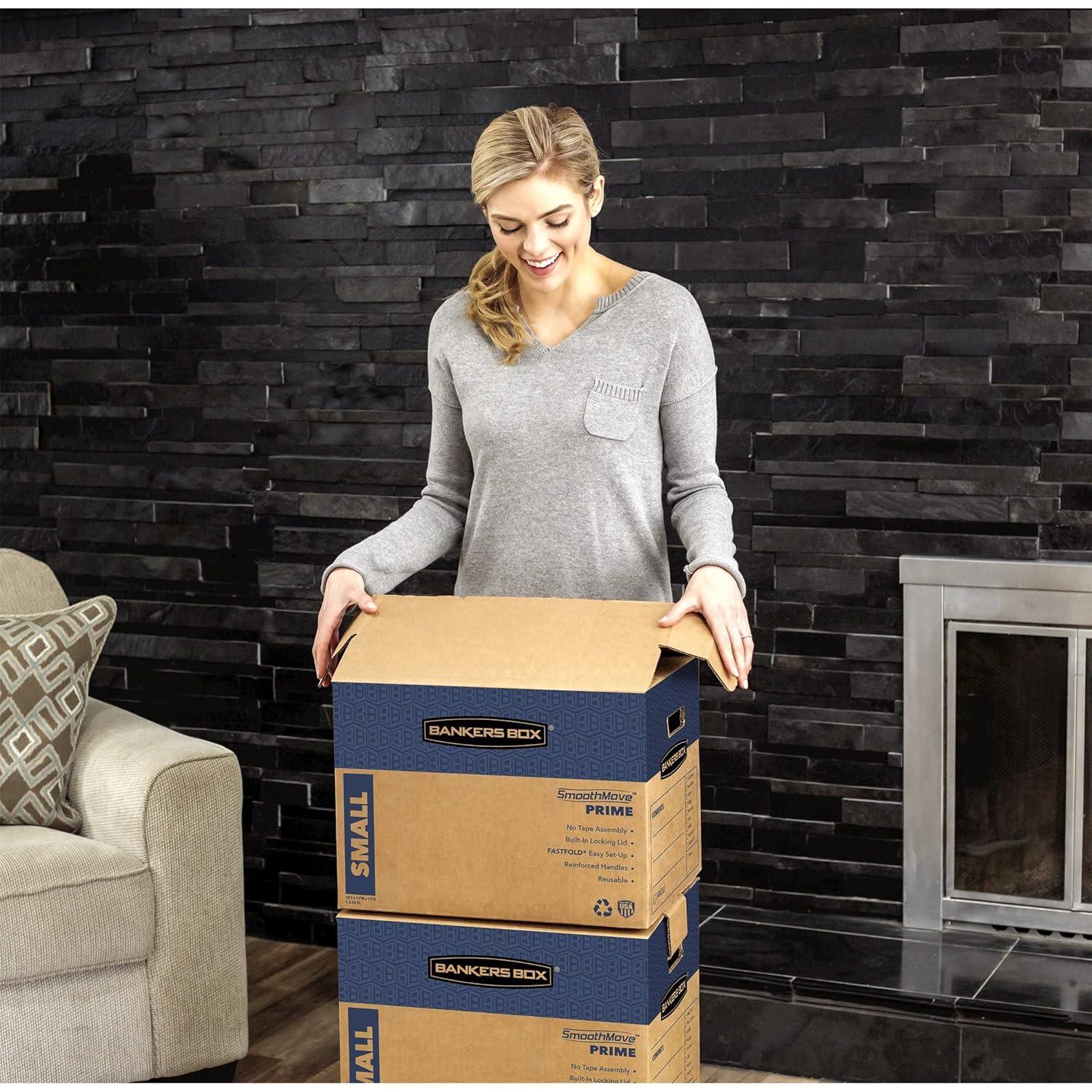 Bankers Box SmoothMove Prime Moving/Storage Boxes, Hinged Lid, Regular Slotted Container, Small, 12" x 16" x 12", Brown/Blue, 10/Carton