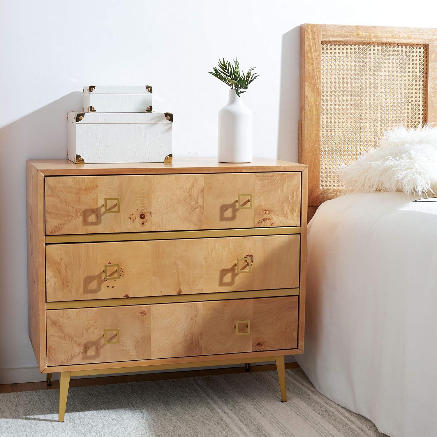 Katia 32" Natural Wood and Gold 3-Drawer Chest