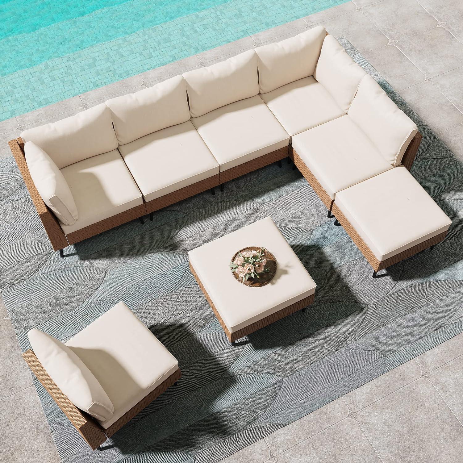 LAUSAINT HOME 8-Piece Patio Furniture Set, Outdoor Sectionals with 6 Chairs, 2 Ottomans and Plush Beige Cushions