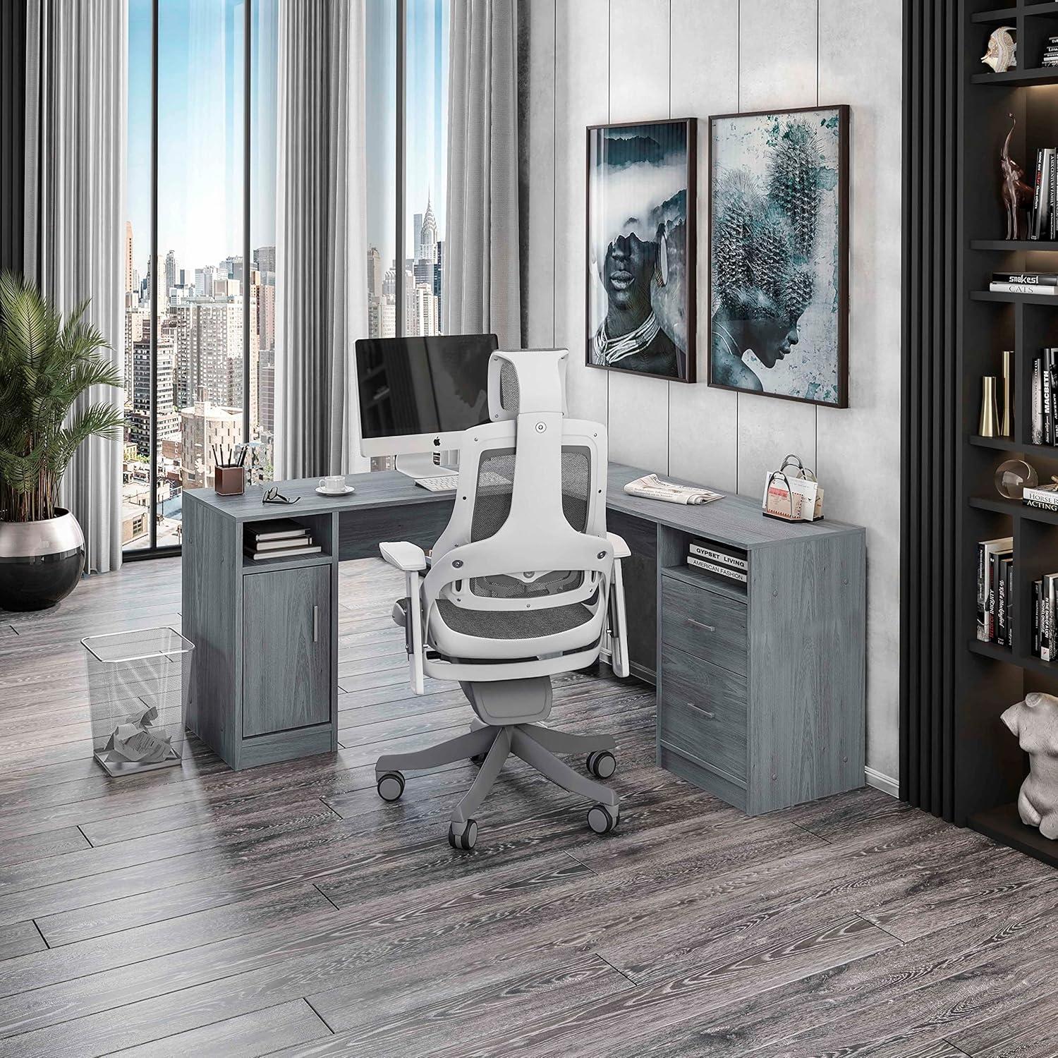 Functional L Shaped Desk with Storage Gray - Techni Mobili