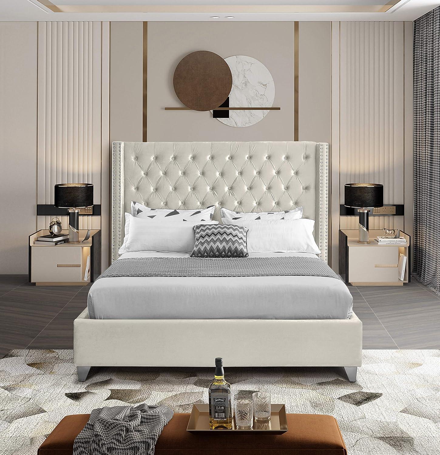 Meridian Furniture Aiden Queen Bed - Cream Velvet, Contemporary