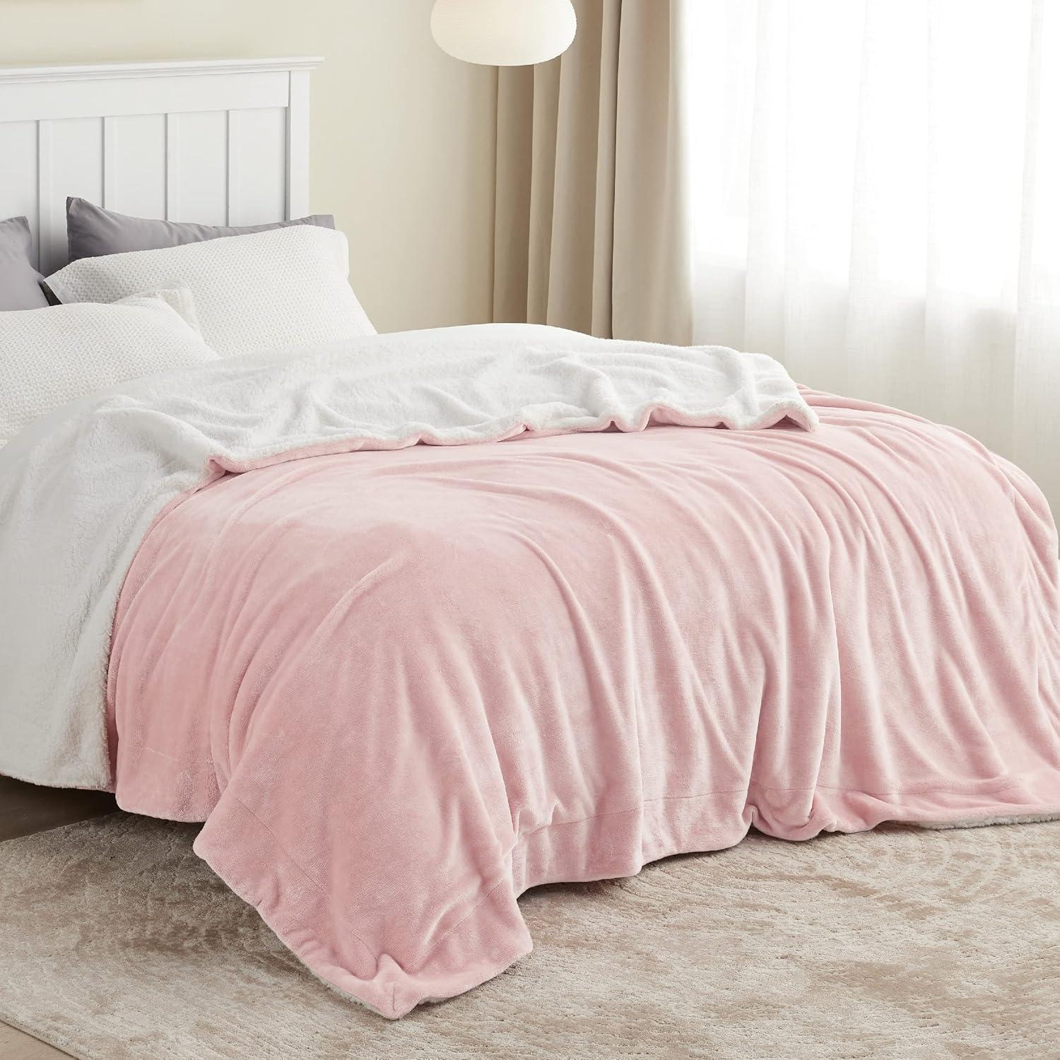 Queen Pink Reversible Sherpa Fleece Throw Blanket