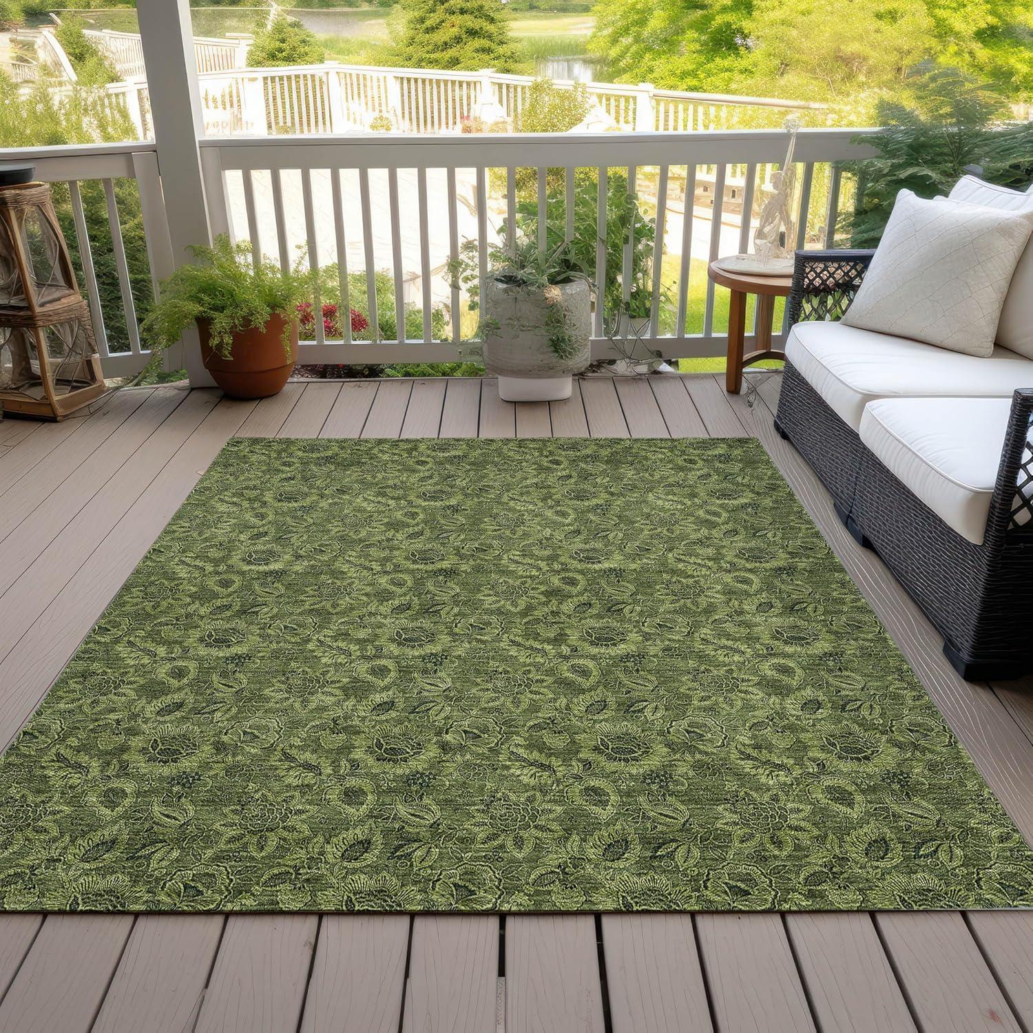 Olive Floral Machine-Washable Indoor/Outdoor Area Rug