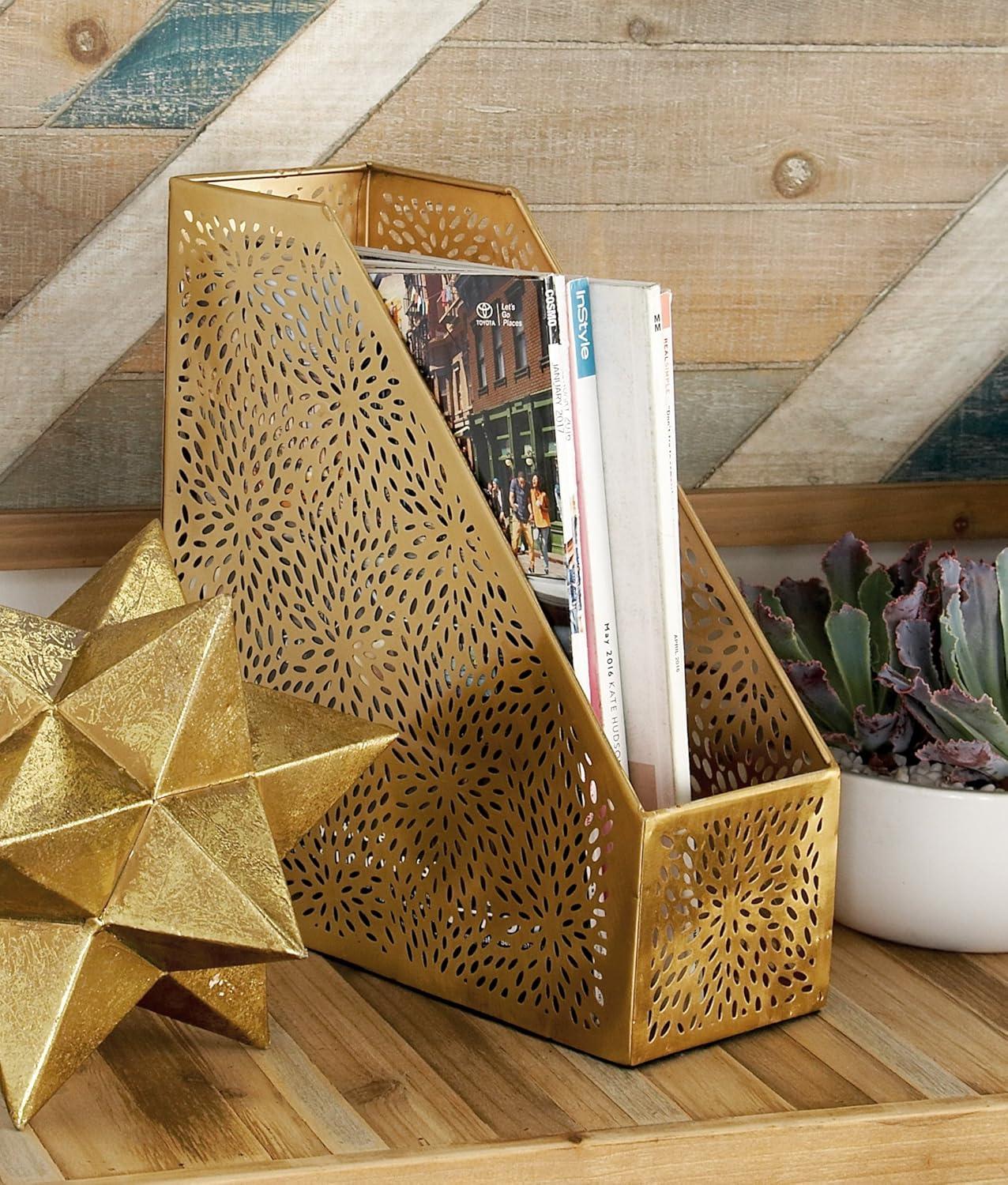 CosmoLiving by Cosmopolitan 12" Gold Metal Single Slot Magazine Holder with Laser Carved Floral Design