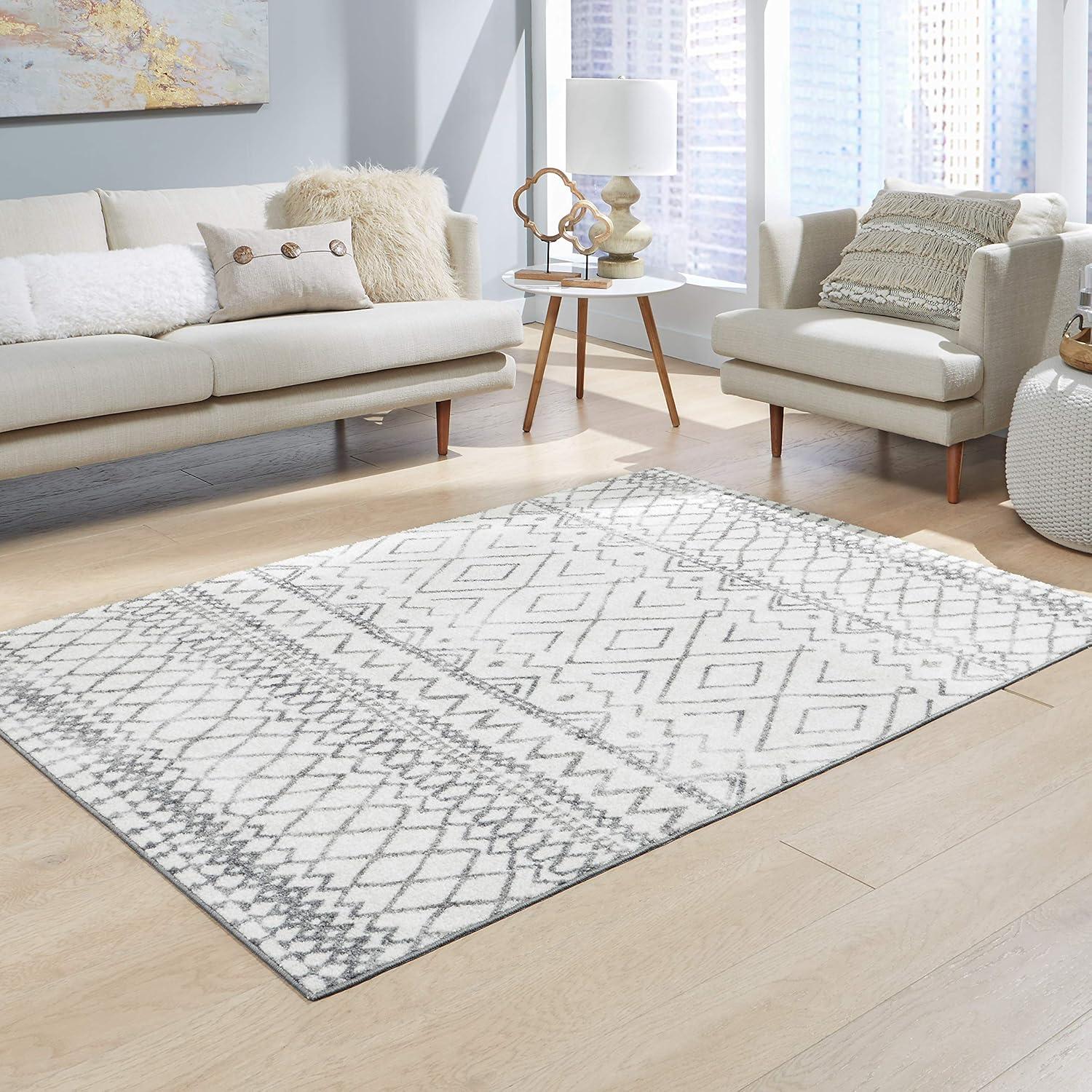 Maples Rugs Abstract Diamond Bohemian Living Room Area Rug for Indoor, 5' x 7', Ivory/Grey