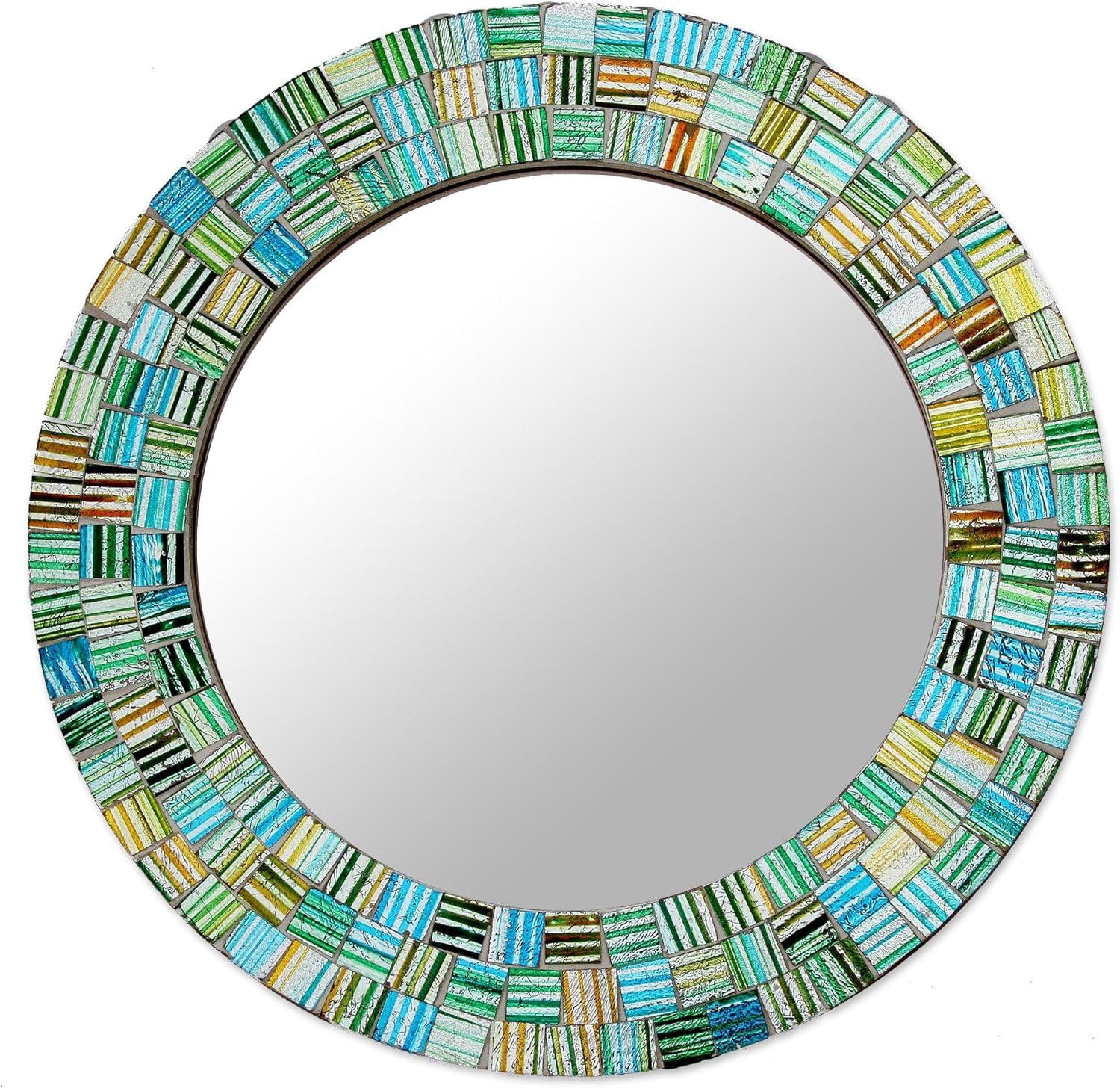 Aqua Trellis Round Wood Framed Mosaic Wall Mirror