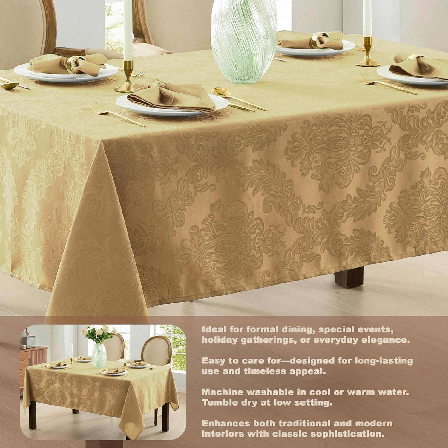Barcelona Jacquard Damask Stain Resistant Tablecloth - 60" x 144" Rectangle - Gold - Elrene Home Fashions