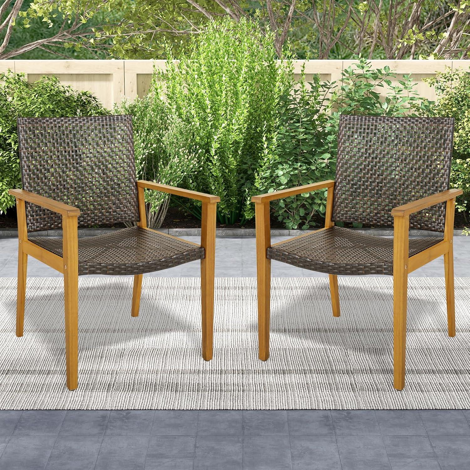 Kepooman Dining Chairs, Patio Dinning Chairs,Set of 4 Outdoor Rattan Chair with Sturdy Acacia Wood Frame-Set of 4