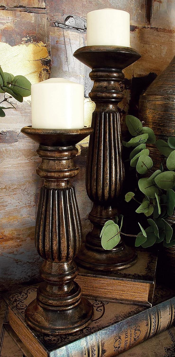 Olivia & May Traditional Candle Holder Set of 3 - Brown : Mango Wood, Elegant Tabletop Decor