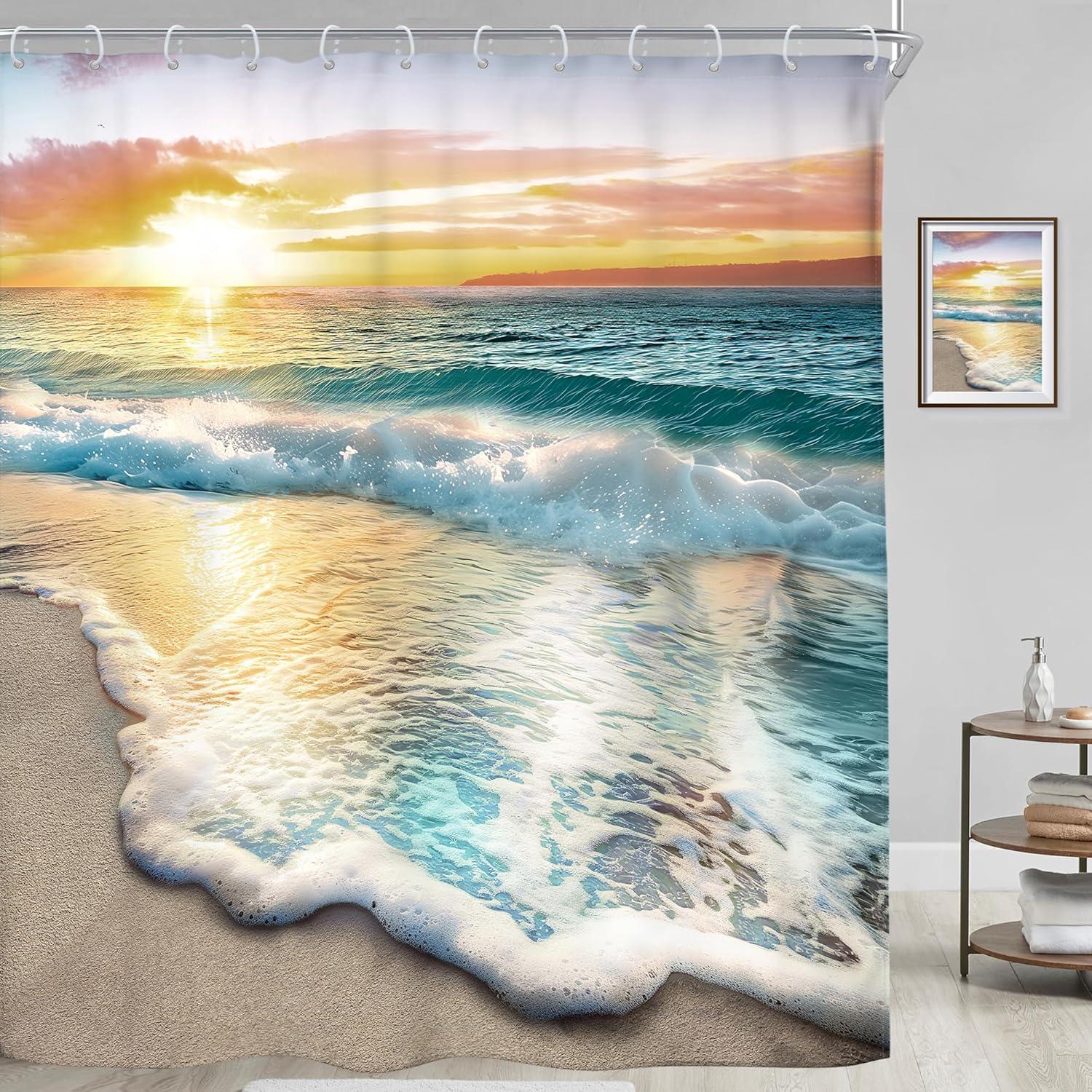 Riyidecor Beach Ocean Themed Shower Curtain Sets for Bathroom, Sunrise Sunset View Scene 71x71 Inch Hawaii Seashore Summer Coastal Seaside Seascape Cloth Fabric Decorative 12 Hooks Waterproof BB-JWXP