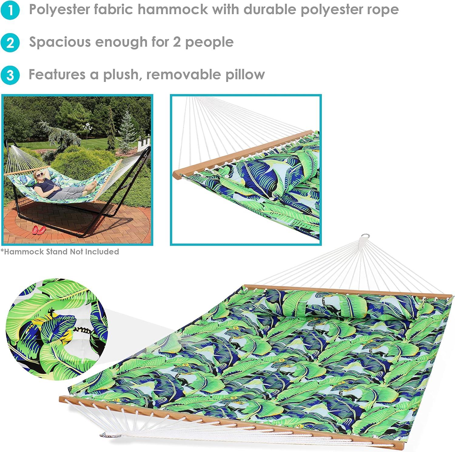 Sunnydaze 2-Person Quilted Printed Fabric Spreader Bar Hammock and Pillow with S Hooks and Hanging Chains - 450 lb Weight Capacity - Exotic Foliage