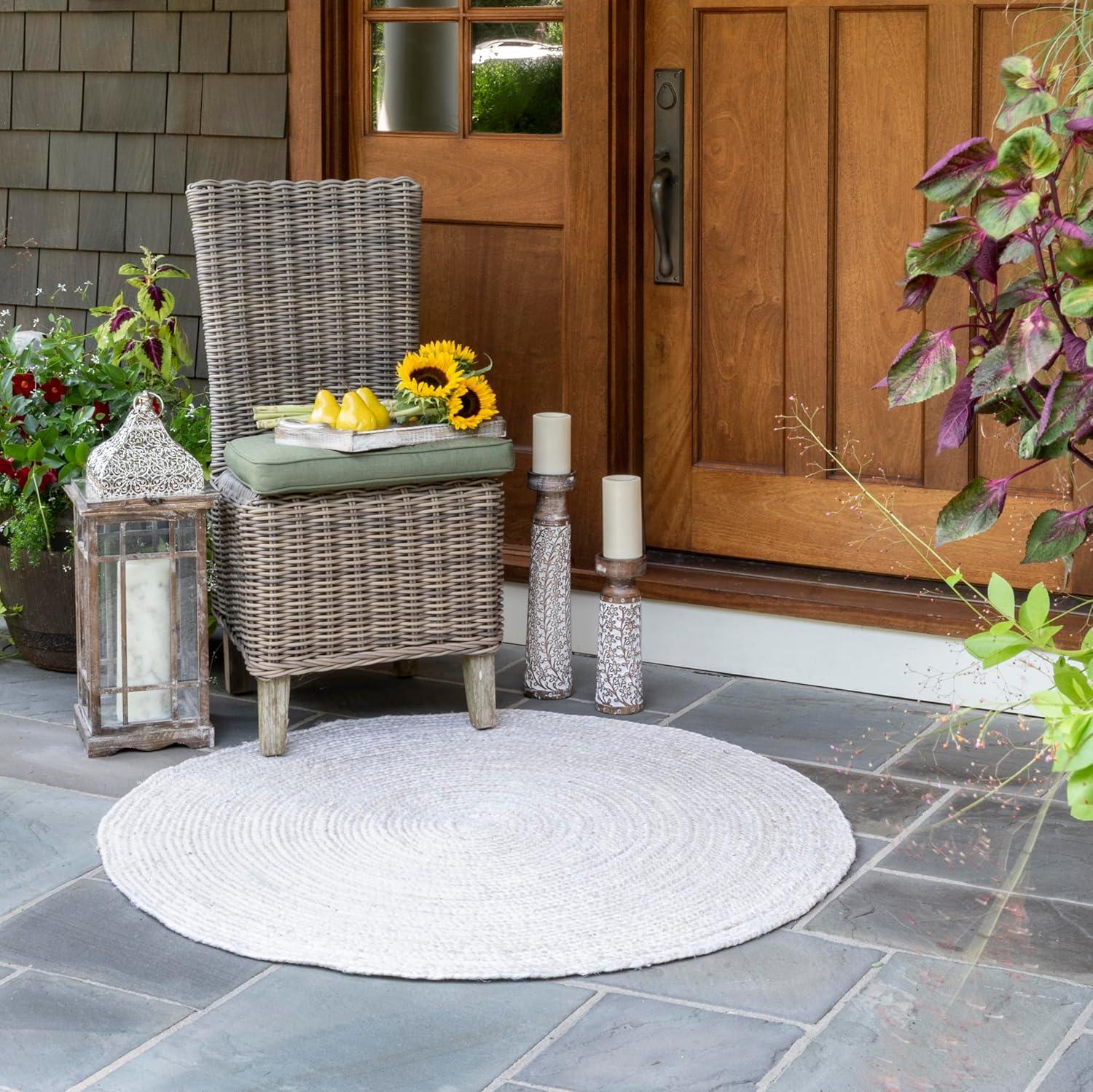 5' Round Hand Woven Rigo Jute Area Rug Off White - nuLOOM: Farmhouse Style, Low Pile, Indoor Use, Classic Pattern