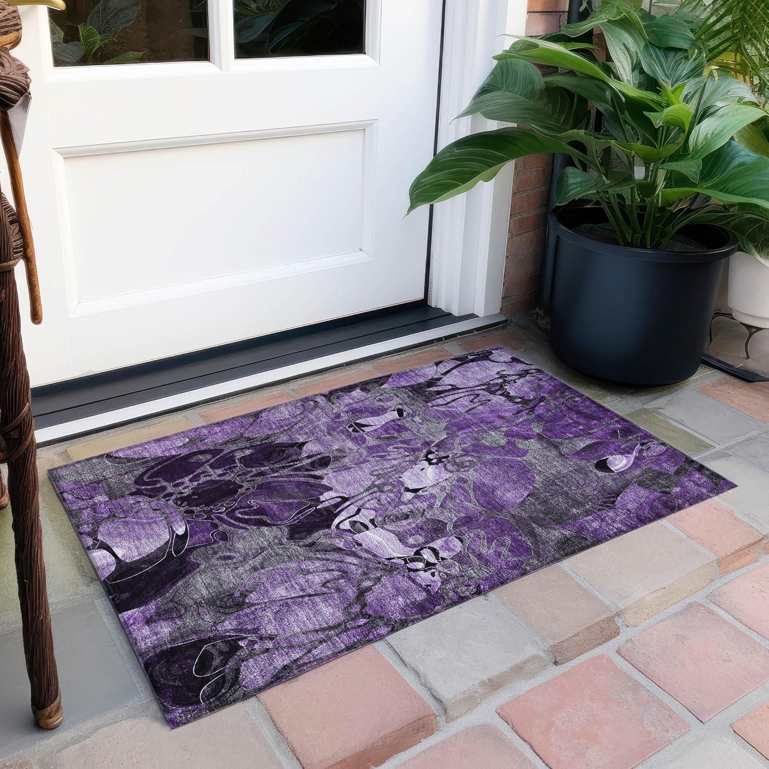 Purple Floral Synthetic Washable Rectangular Rug