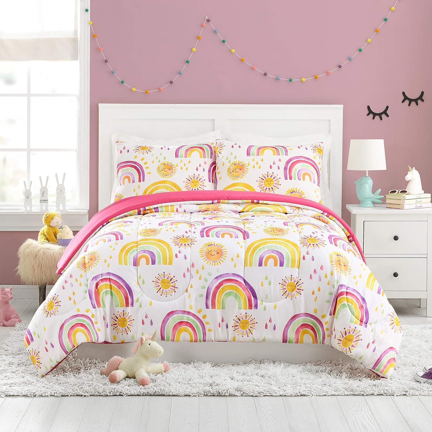 Full Pink Microfiber Reversible Comforter Set with Rainbows and Suns