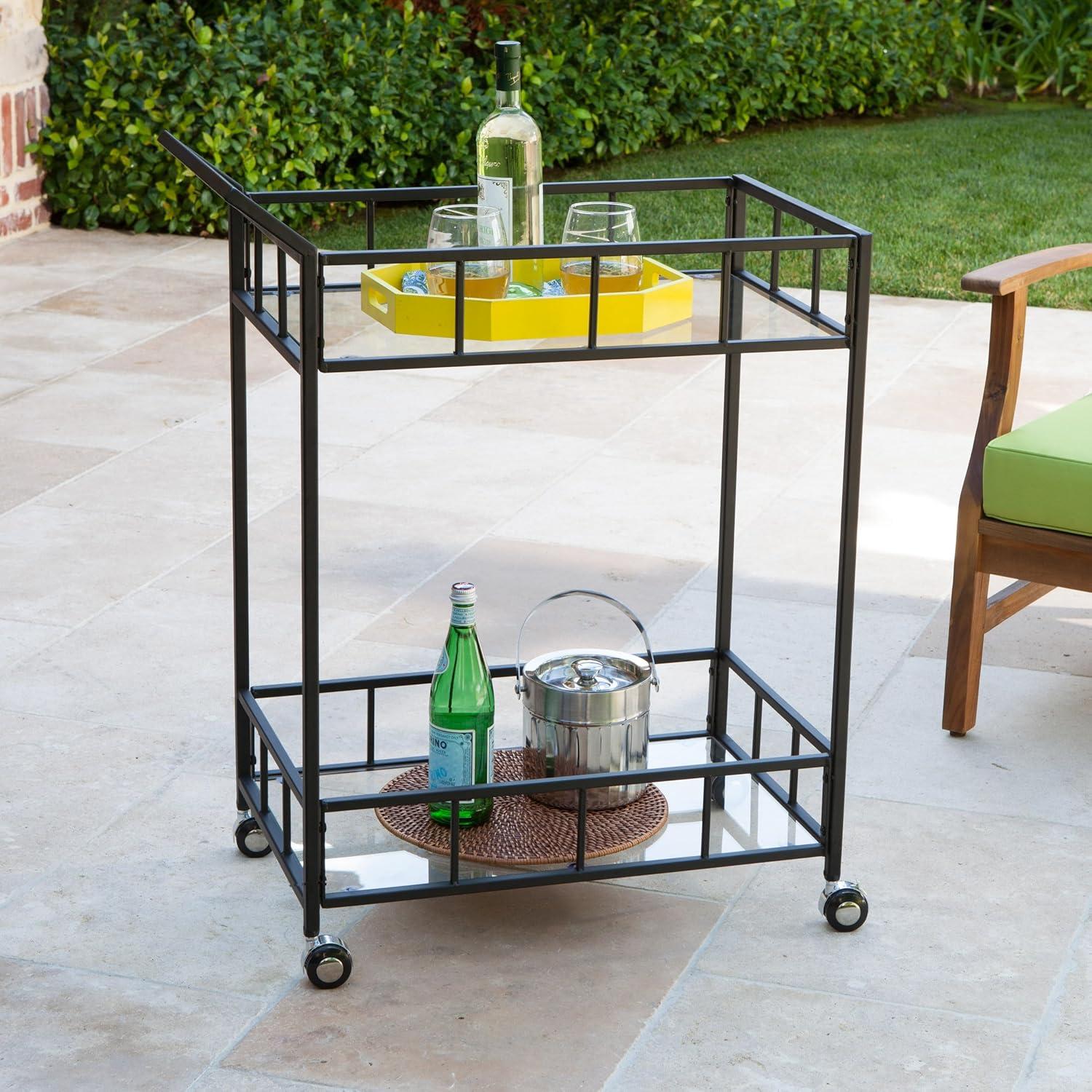 GDF Studio Talon Indoor/Outdoor Modern Iron 2 Tiered Bar Cart with Tempered Glass Top, Black