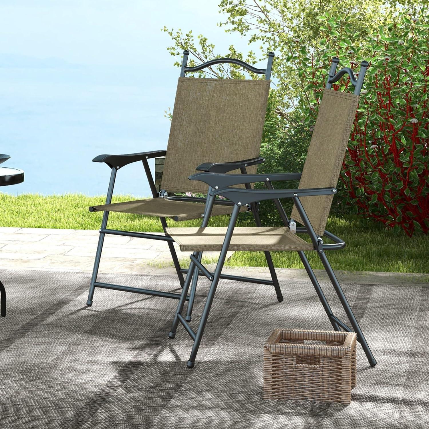 Beige Mesh Fabric Folding Camping Chairs with Armrests, Set of 4