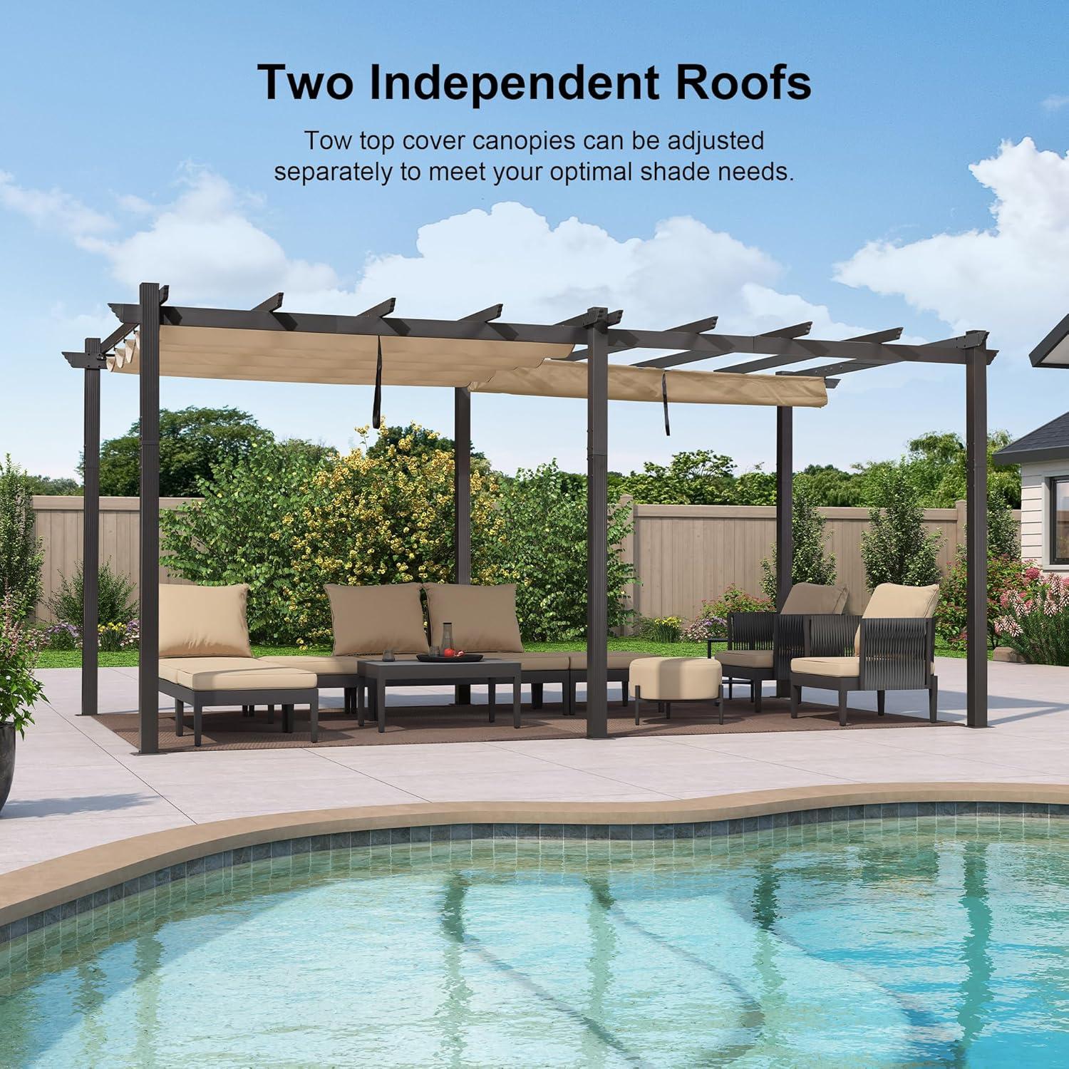 Beige 10' x 18' Aluminum Pergola with Retractable Canopy