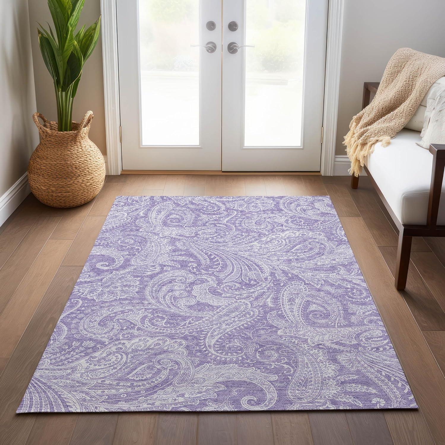 Lavender Paisley Synthetic Washable 5' x 7' Area Rug
