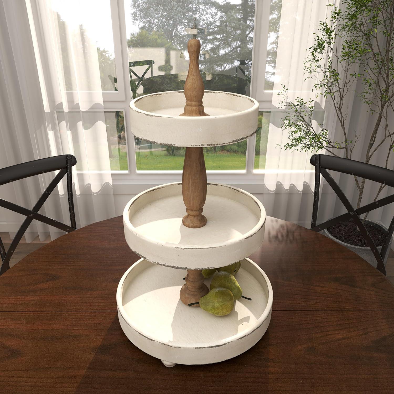 Distressed White and Brown Wood 3-Tier Round Serving Tray