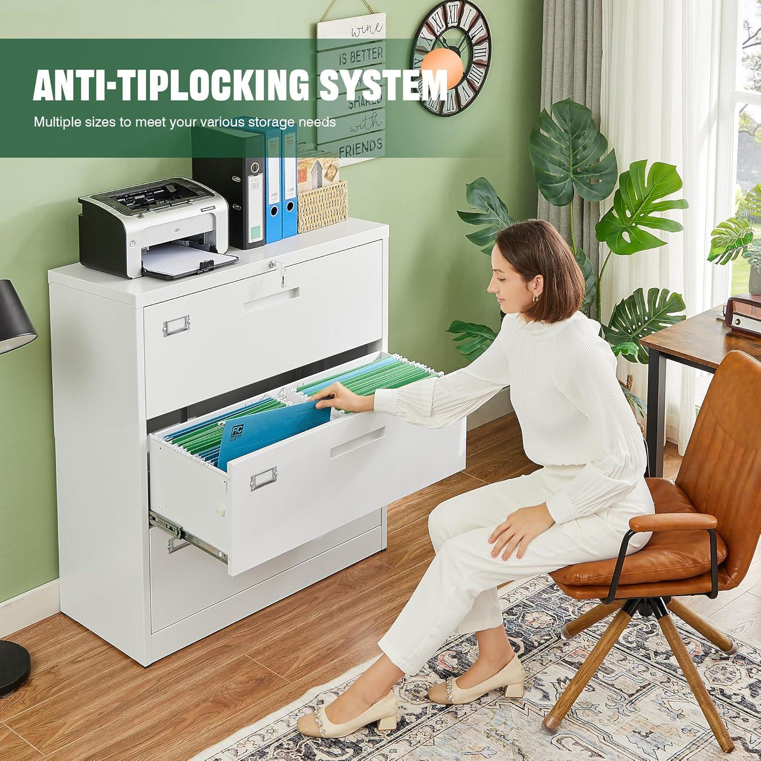 Lateral File Cabinet 3 Drawer,Metal Storage File Cabinet with Lock,Steel Lateral File Cabinet for Legal/Letter A4 Size,Wide File Cabinet for Office Home,Assembly Required