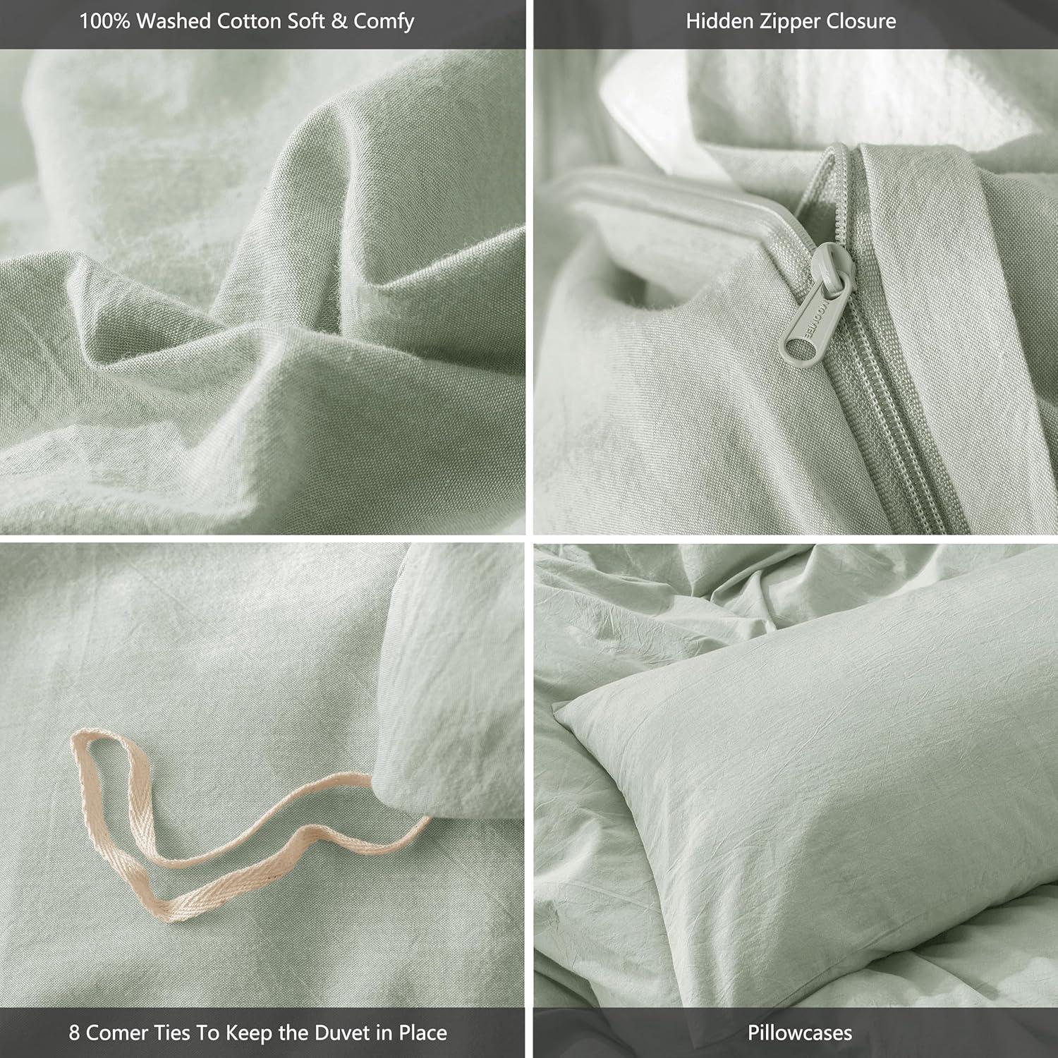 MOOMEE 100% Washed Cotton Linen Like Textured Duvet Cover Set