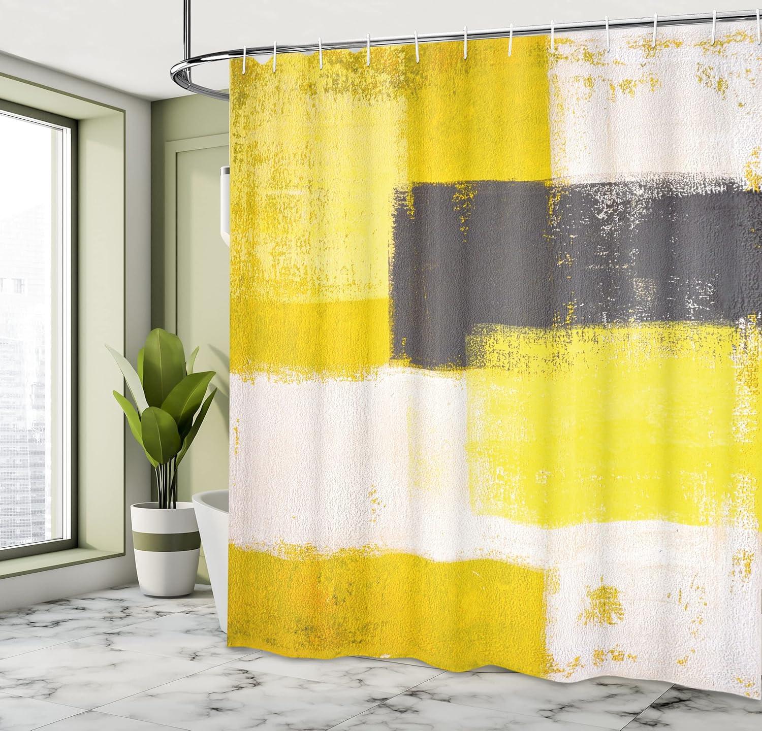 Abstract Yellow and Gray Fabric Blackout Shower Curtain