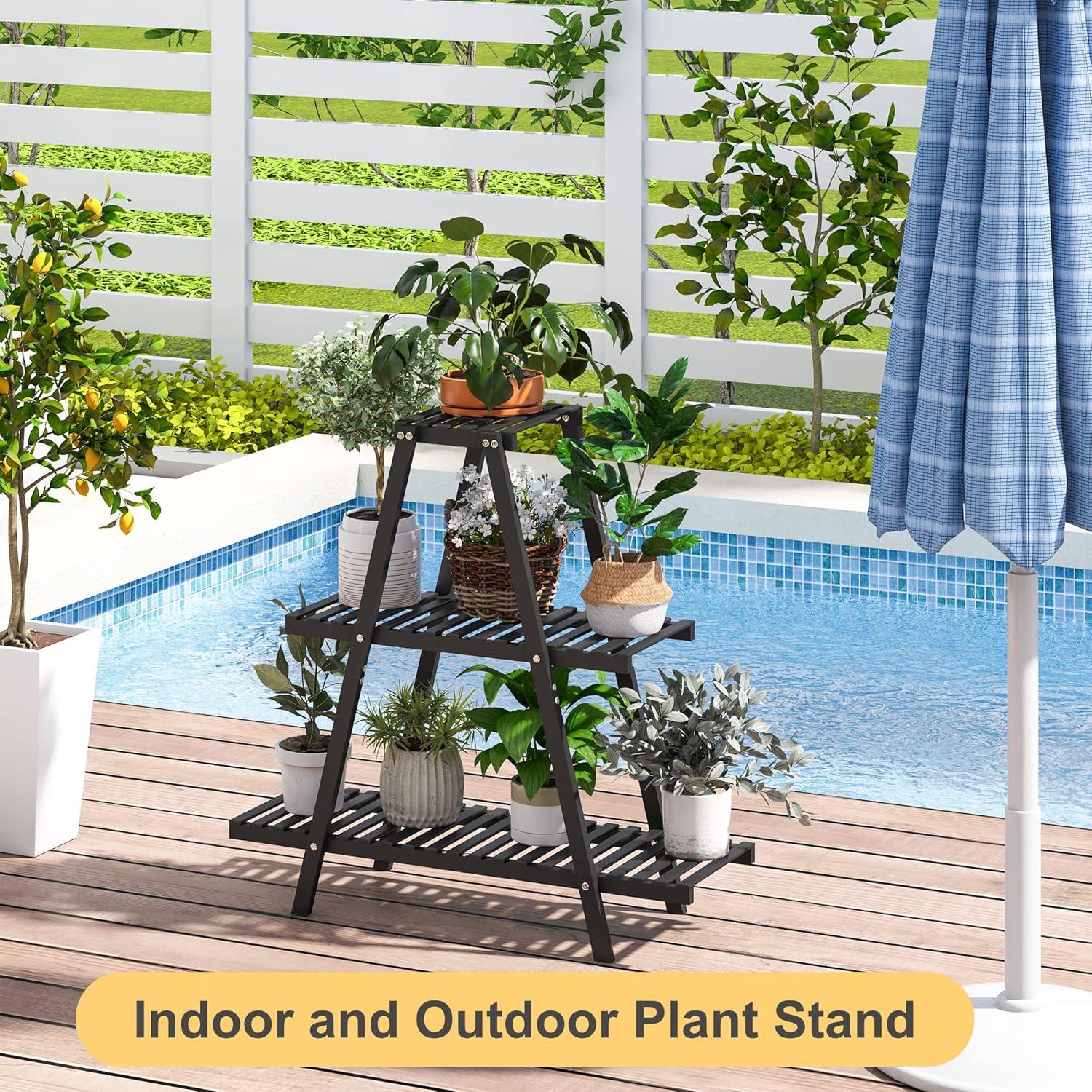 Black Bamboo 3-Tier Ladder Plant Stand for 8 Pots