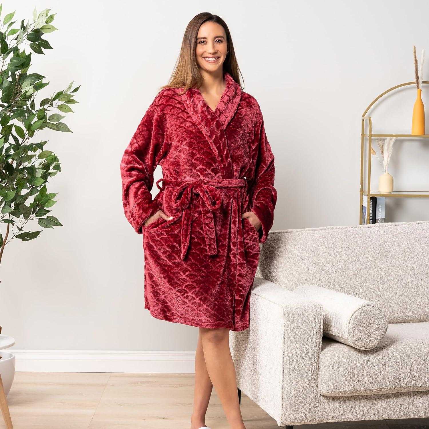PAVILIA Short Robes for Women, Plush Soft Bathrobe Womens Lightweight, Fluffy Fuzzy Robe Knee Length, Shower Spa (Dark Red, Large-X-Large)