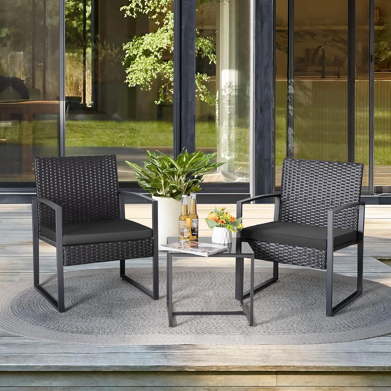 Black Wicker and Steel Outdoor Patio Set with Glass Table