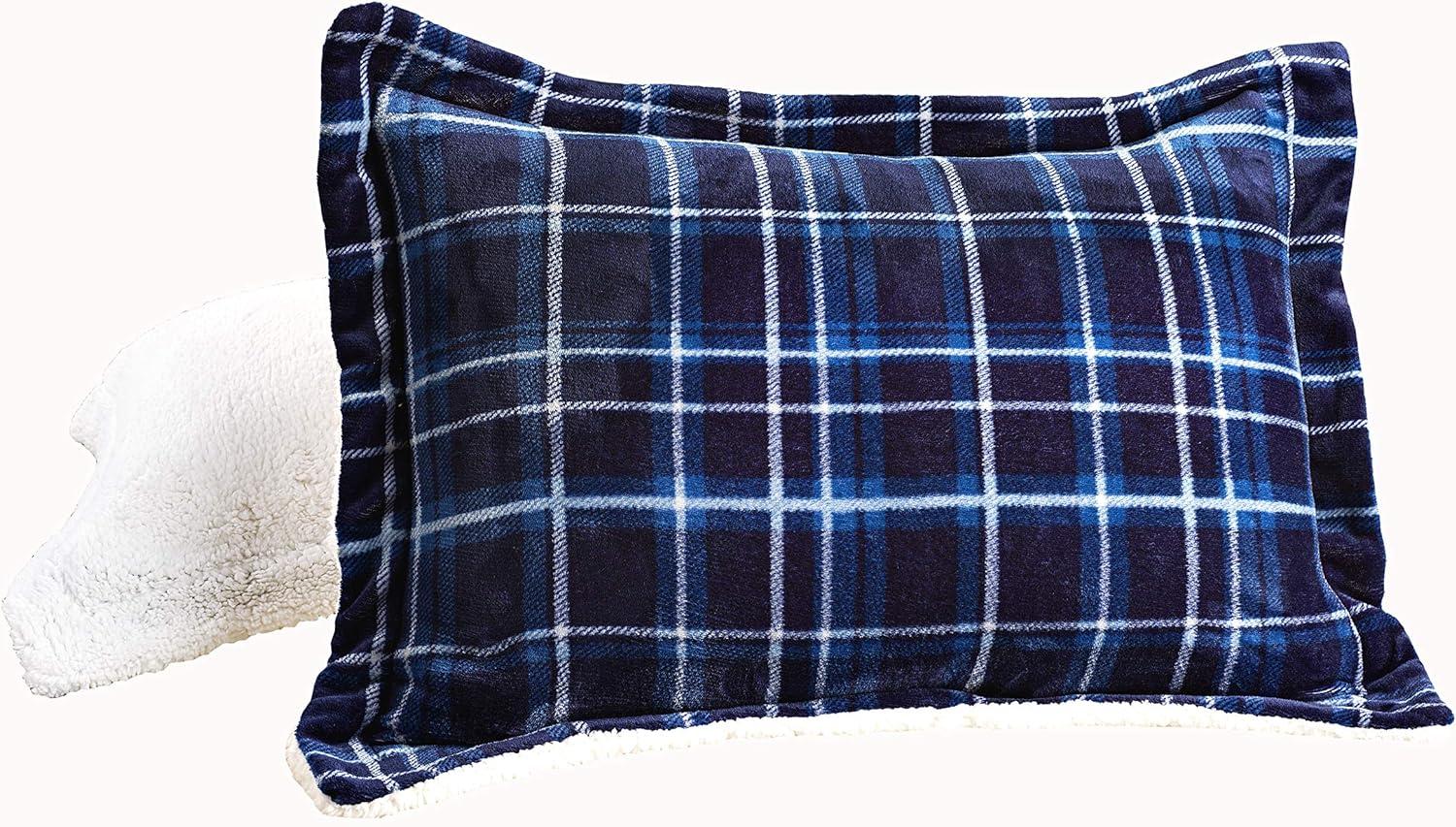 Mocassi Heavy Weight Plaid Pattern 3PC Comforter Set - Micromink Sherpa-Backing, Down Alternative Micro-Suede, 3-Piece Comforter Set, Full/Queen, Navy