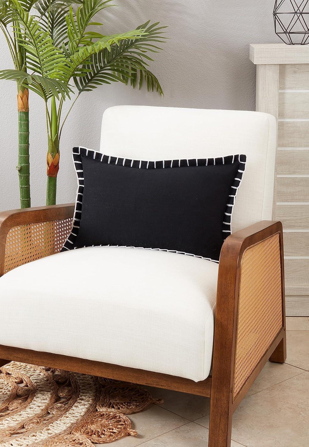 12"x20" Oversize Minimalist Chic Chunky Whip Stitch Poly Filled Lumbar Throw Pillow Black - Saro Lifestyle