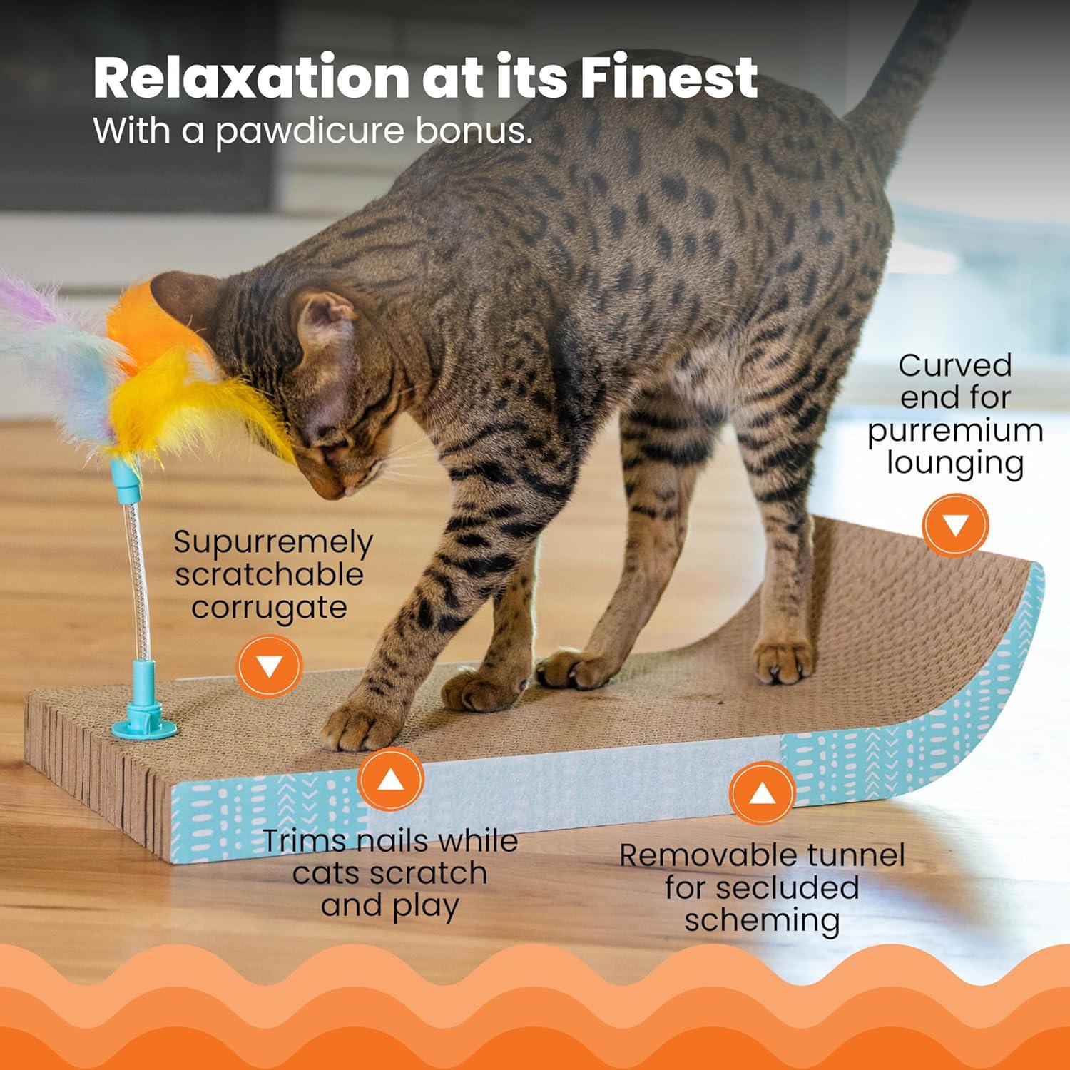Catstages Cat Tunnel Scratcher with Feather Spring Toy and Removable Tunnel, Corrugated Scratching Pad for Rest, Play, & Nail Trimming, Multicolored